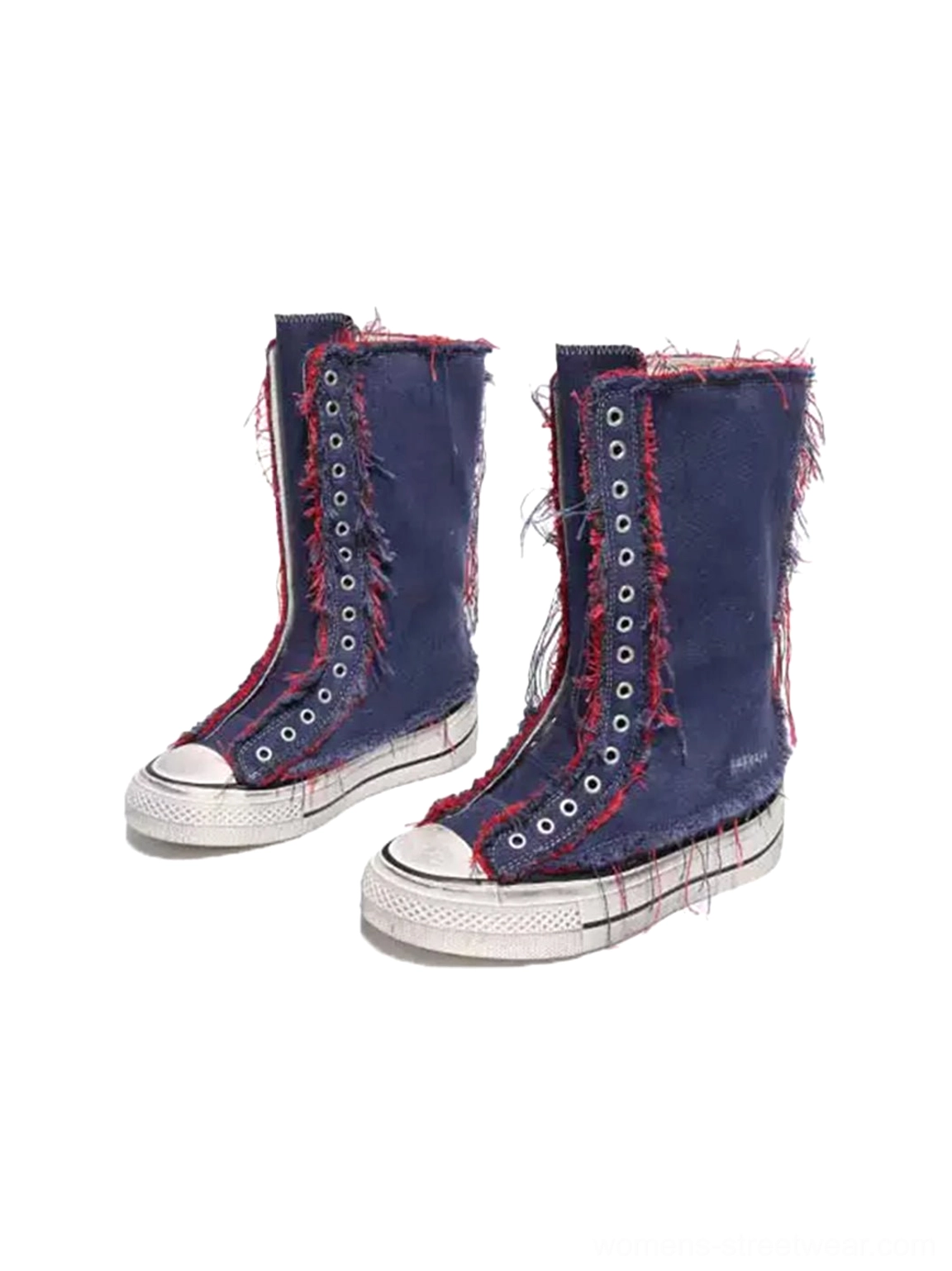 Gray distressed canvas high-top platform boots with frayed edges and sneaker-inspired rubber sole construction