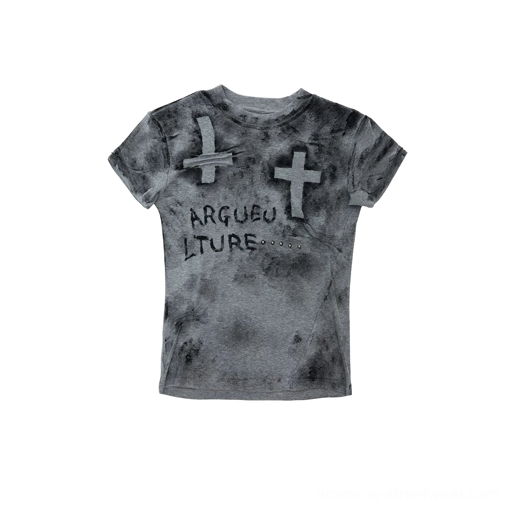 Heather gray distressed cross graphic T-shirt with gray cross appliqués, ARGUEU LTURE lettering, faded tie-dye effect, and slim fit alternative streetwear design