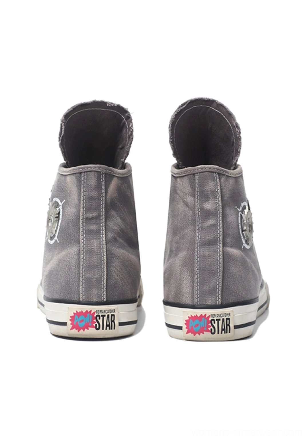 Rear view of gray distressed denim high-top sneakers showing frayed collar circular heel badge and printed rubber heel detail