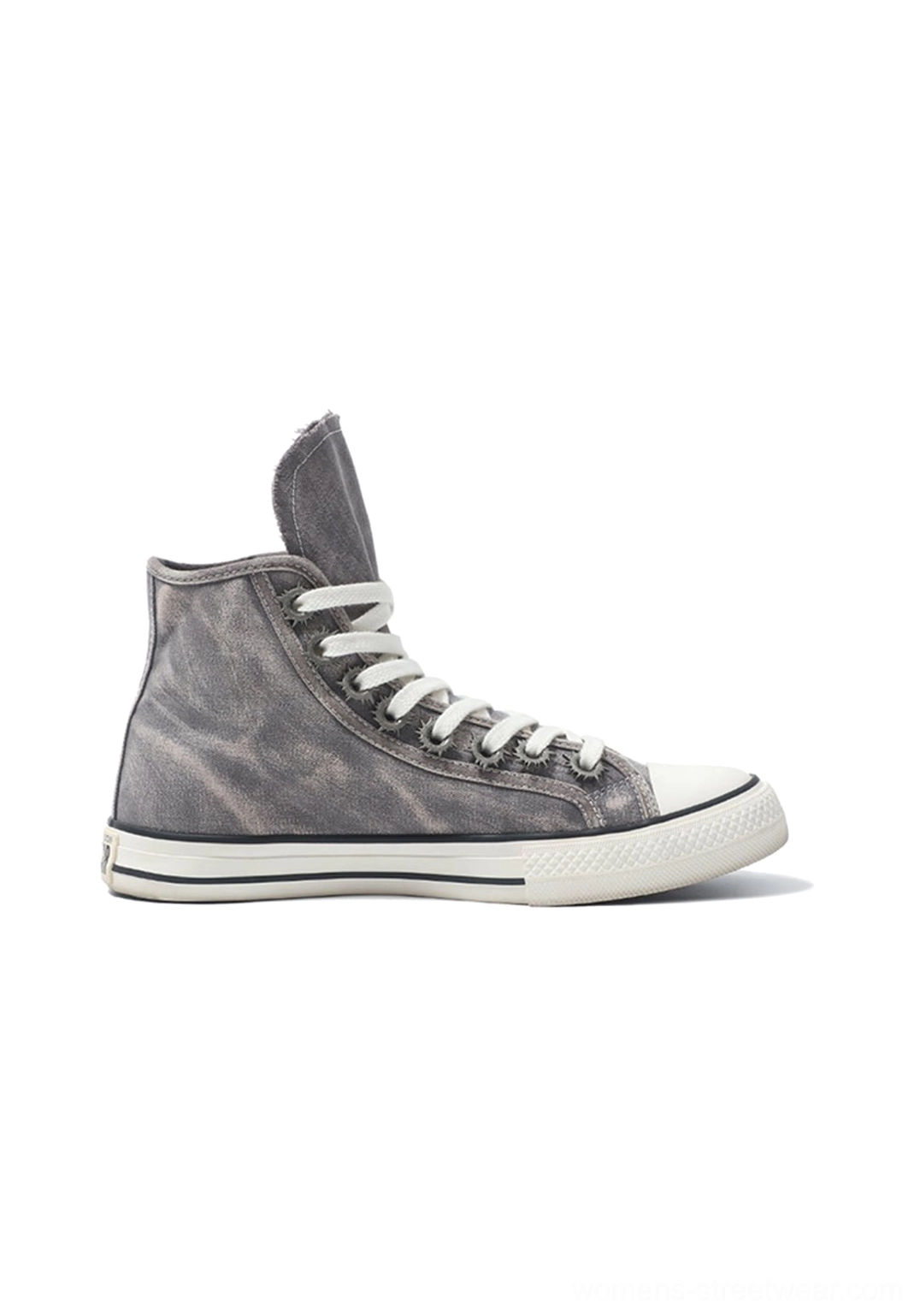 Gray denim distressed high-top streetwear sneaker right side profile with classic rubber foxing and black accent stripe