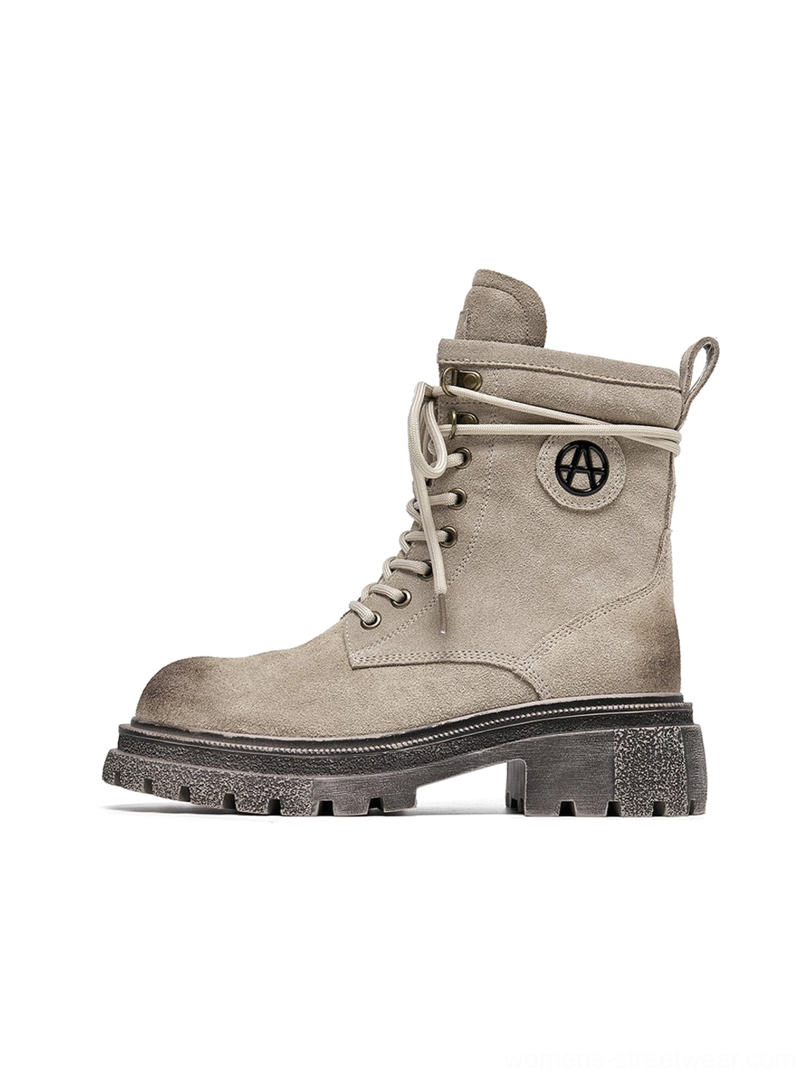 Gray distressed platform combat boots pair front view white background showing overall design silhouette multiple angles
