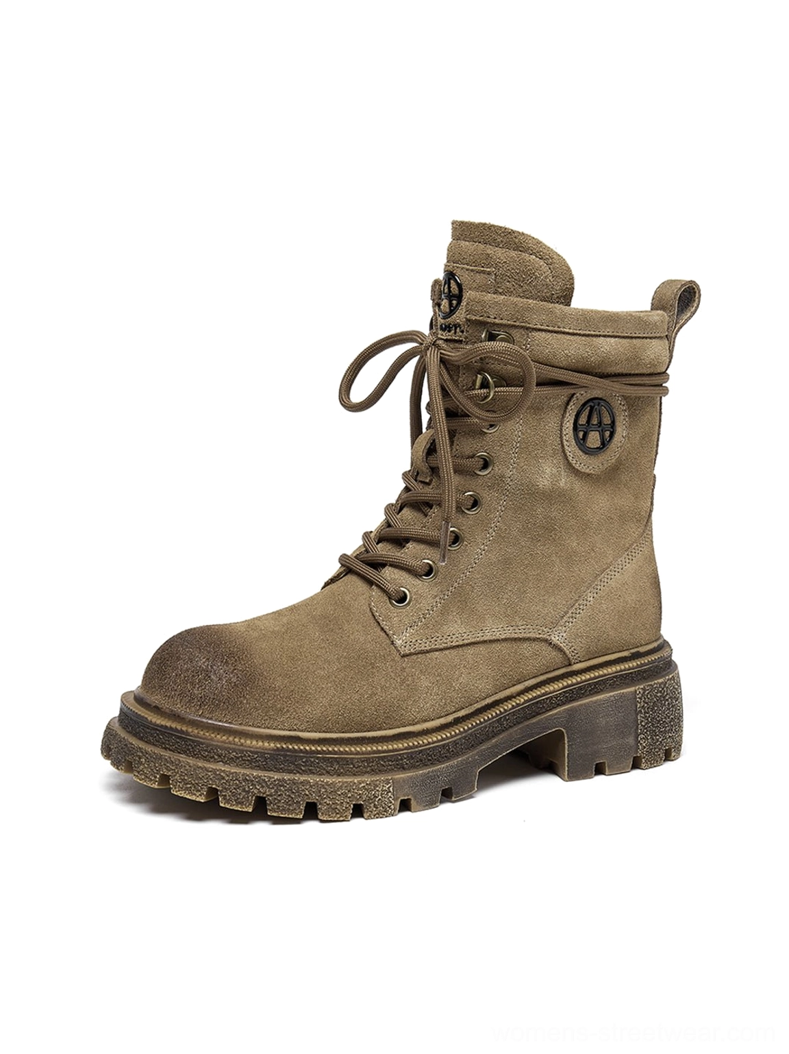 Gray distressed platform combat boots side profile on neutral background showing silhouette distressed suede upper wraparound welt