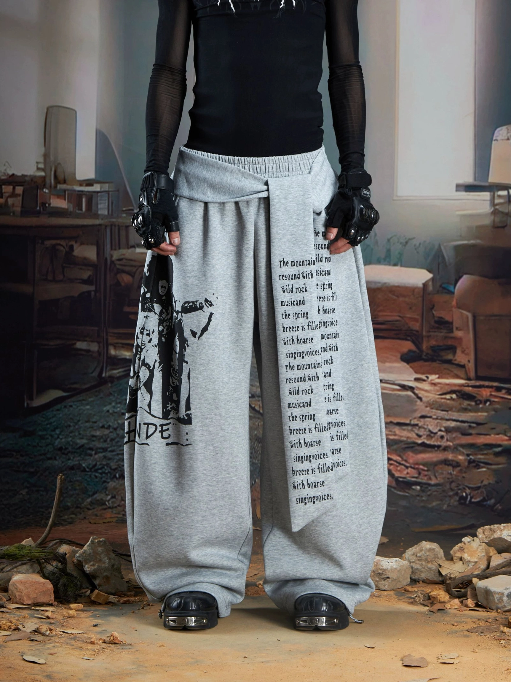 Gray draped panel graphic wide-leg streetwear joggers alternate product view
