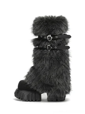 Gray faux fur gaiter platform calf boots with double heart-shaped buckle straps and chunky black lug soles shown from the side