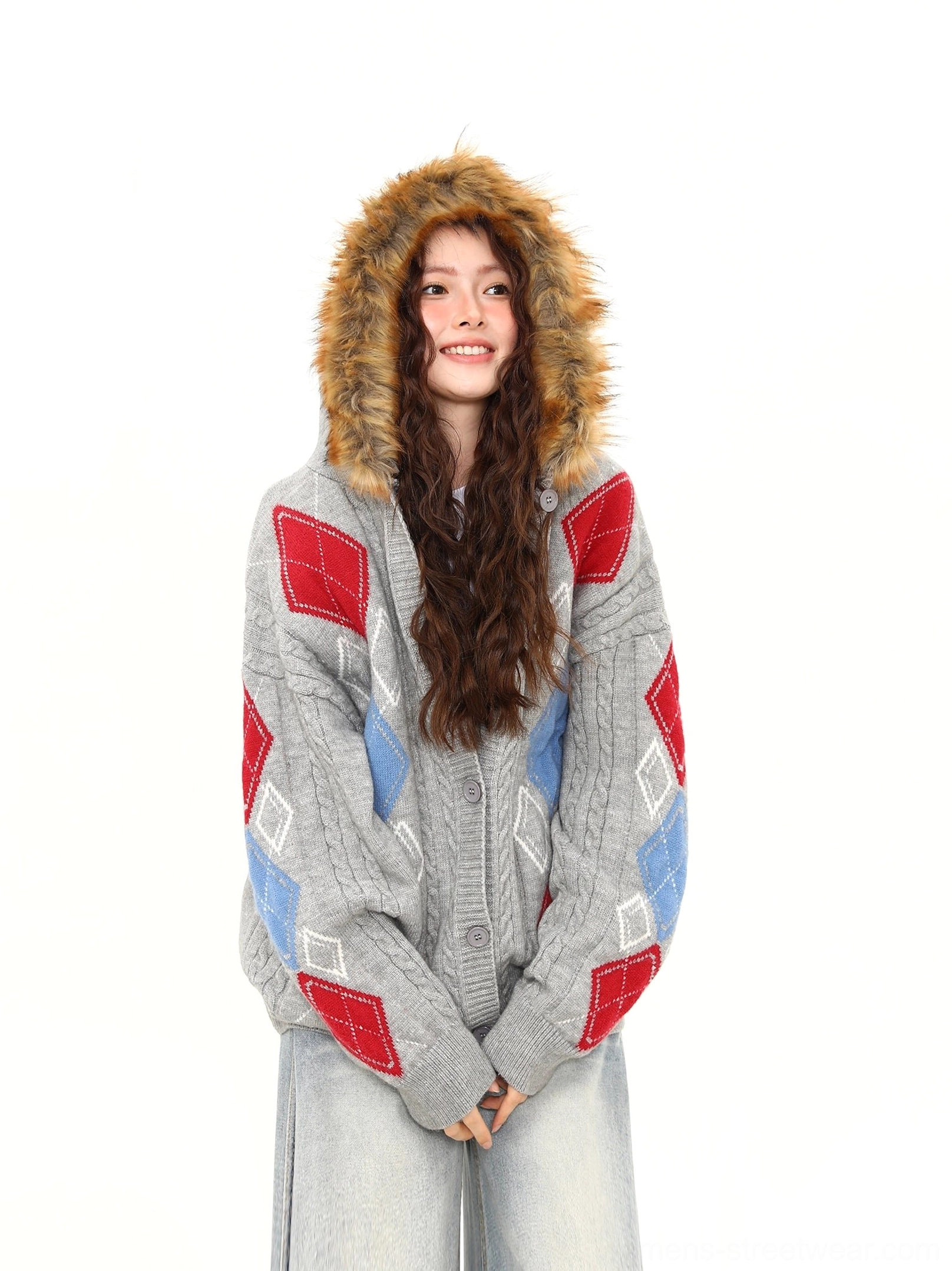 Gray faux fur hood argyle cable knit cardigan close front view showing plush hood trim and textured knit