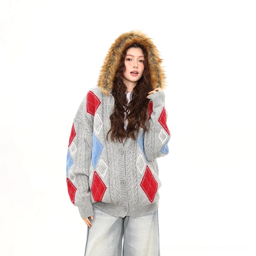 Gray faux fur hood argyle cable knit oversized cardigan color variant product image