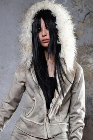 Gray faux fur hooded jacket front view with fluffy off-white trim, relaxed streetwear fit, raw seam details, and front patch pockets