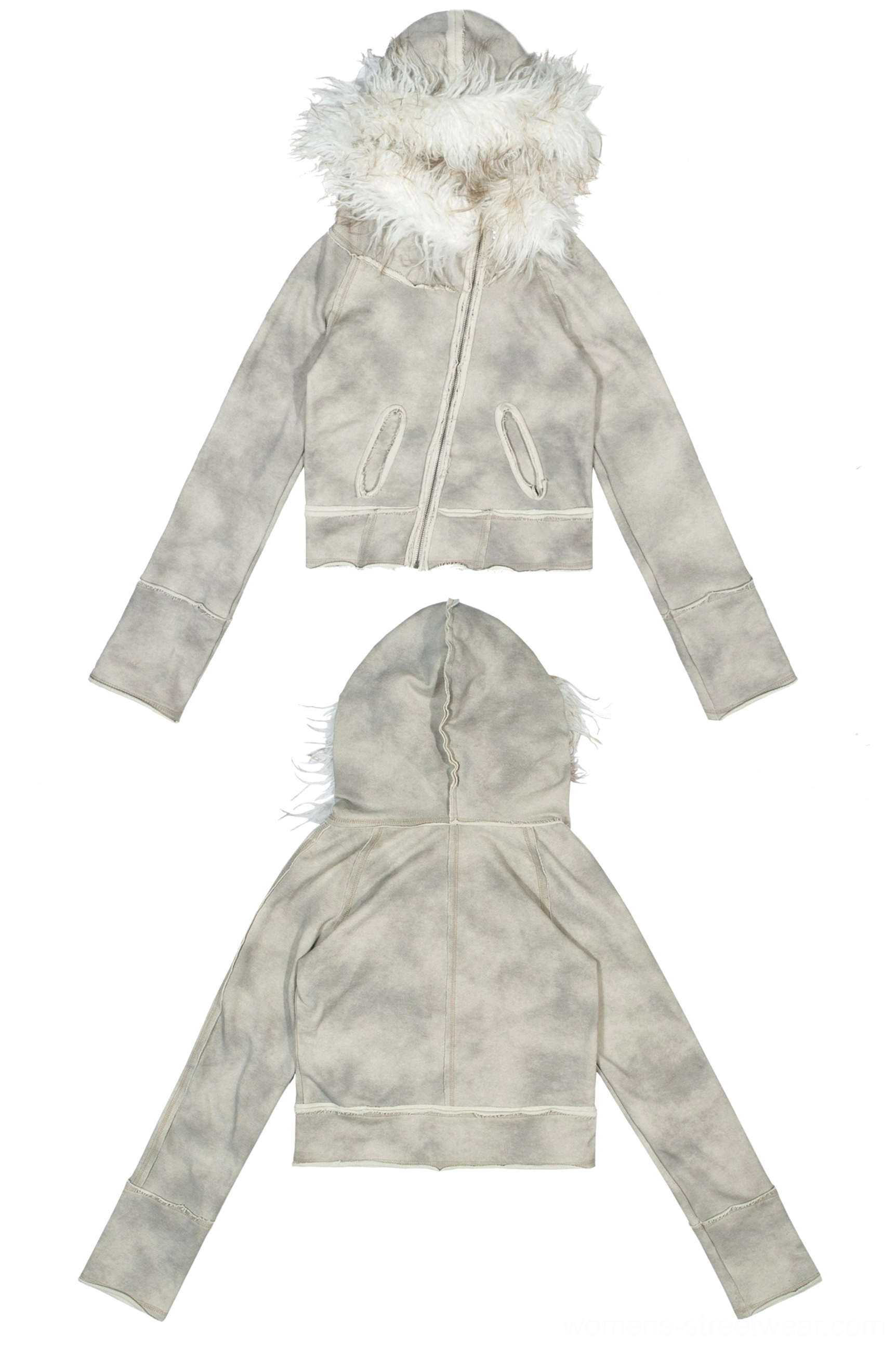 Gray faux fur hooded streetwear jacket with asymmetrical silhouette, front pockets, and soft textured winter statement trim