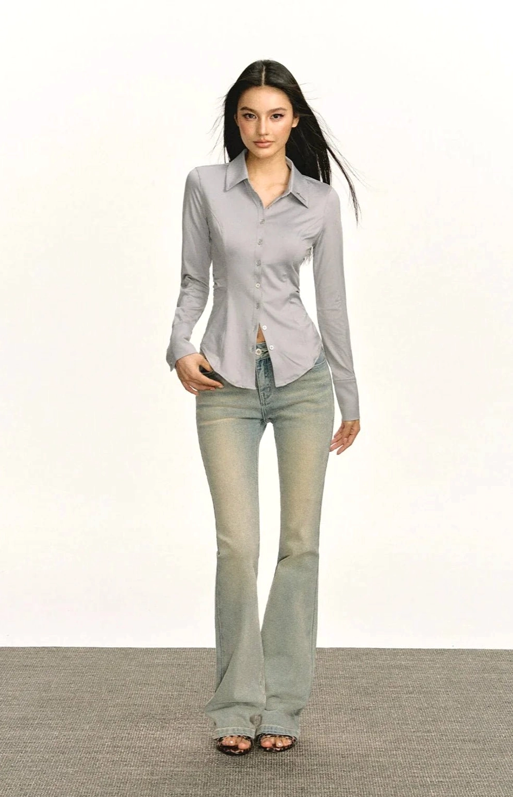 Gray fitted business shirt product image showing minimalist Korean streetwear styling