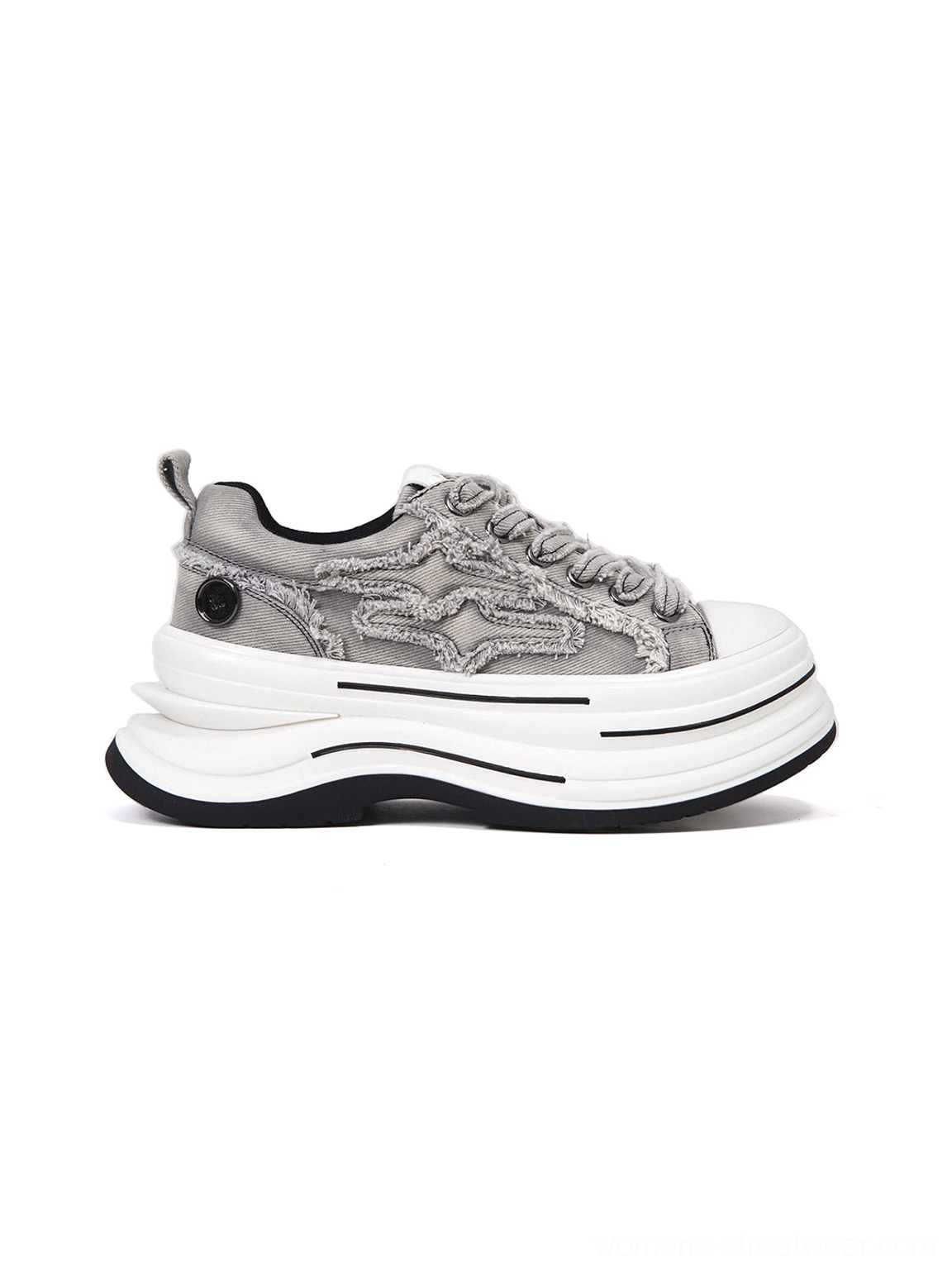 Gray frayed canvas platform sneakers shown from a three-quarter side view with layered white sole, heel pull tab, and raw-edge detailing