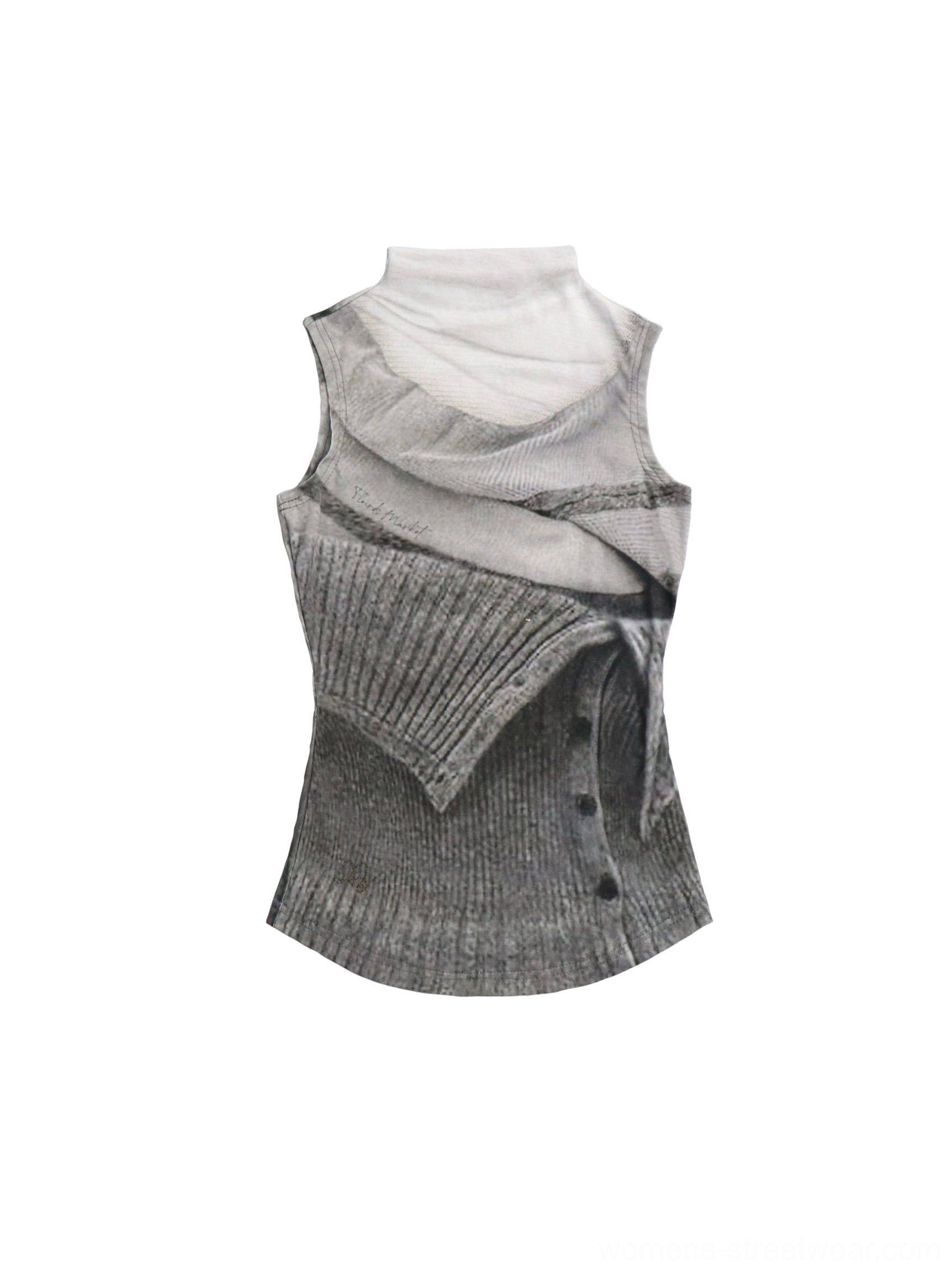 Flat lay view of gray gradient asymmetrical layered knit mock turtleneck tank top with ribbed sections and decorative buttons