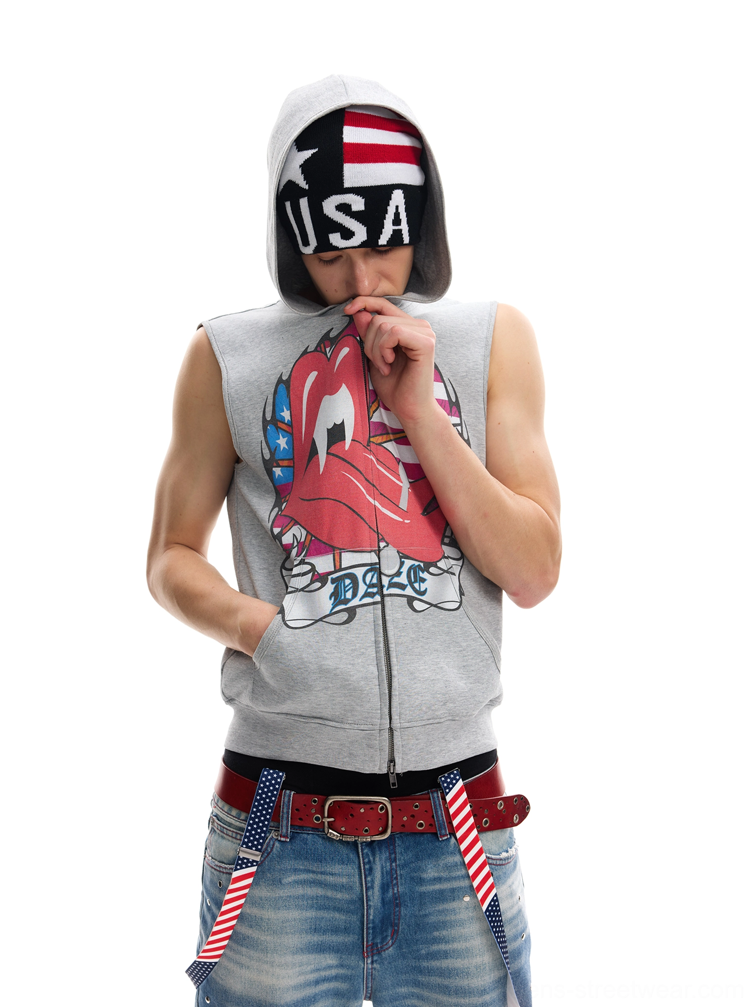 Front full body view of male model wearing gray graphic sleeveless zip-up hooded vest with USA hood lettering