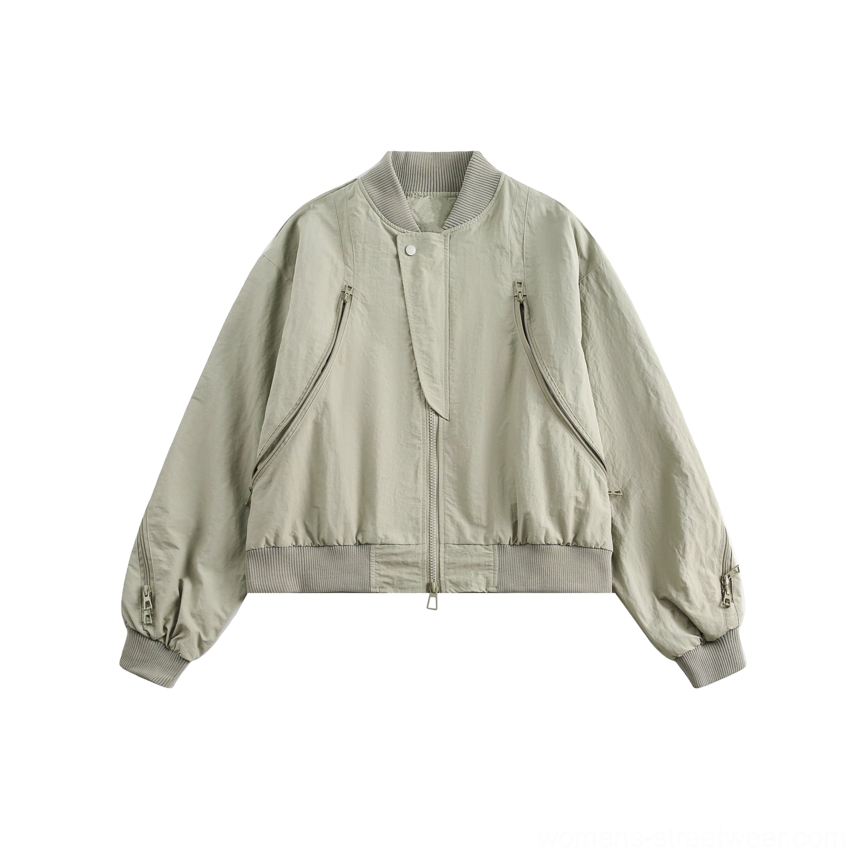 Flat lay of a muted gray-green cropped flight bomber jacket with stand collar, zip pockets, and ribbed trims