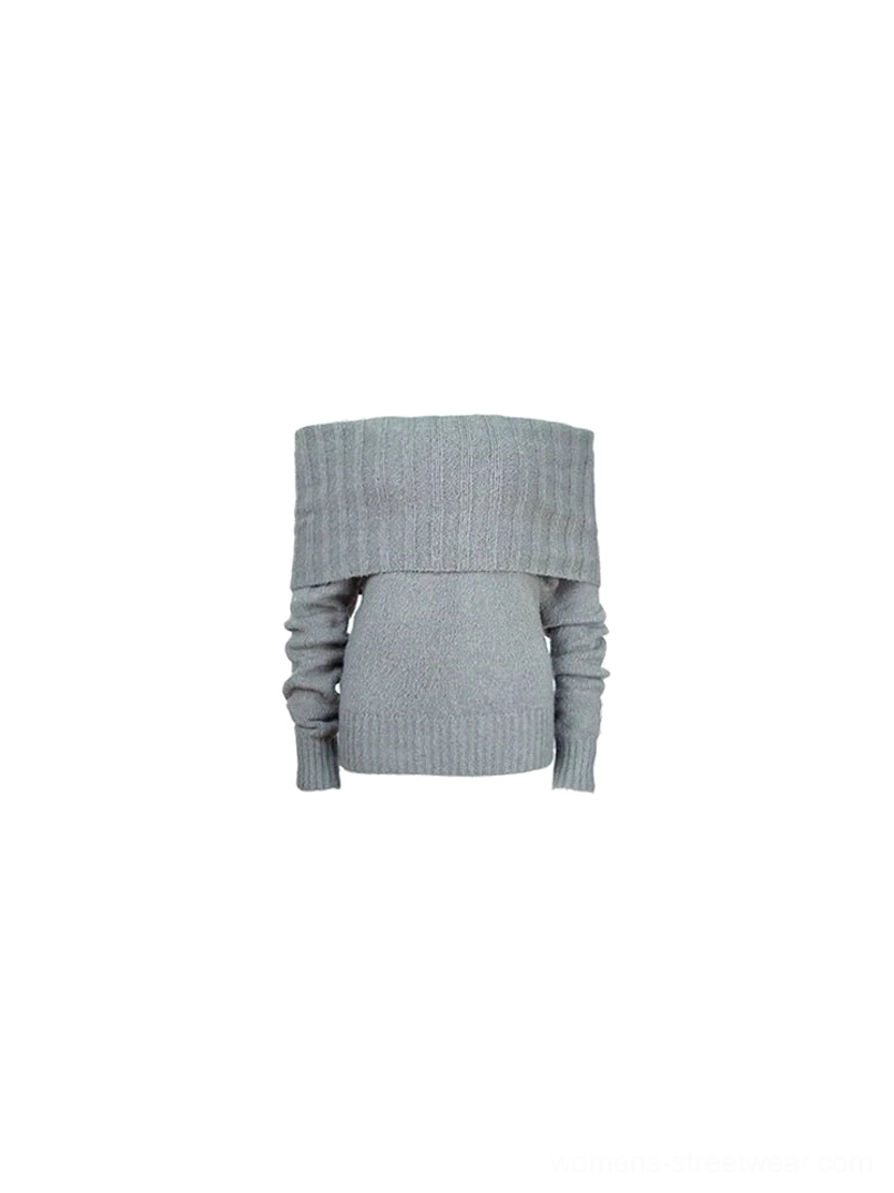 Gray-green women's off-shoulder ribbed knit sweater flat lay showing the wide fold-over neckline and long sleeves