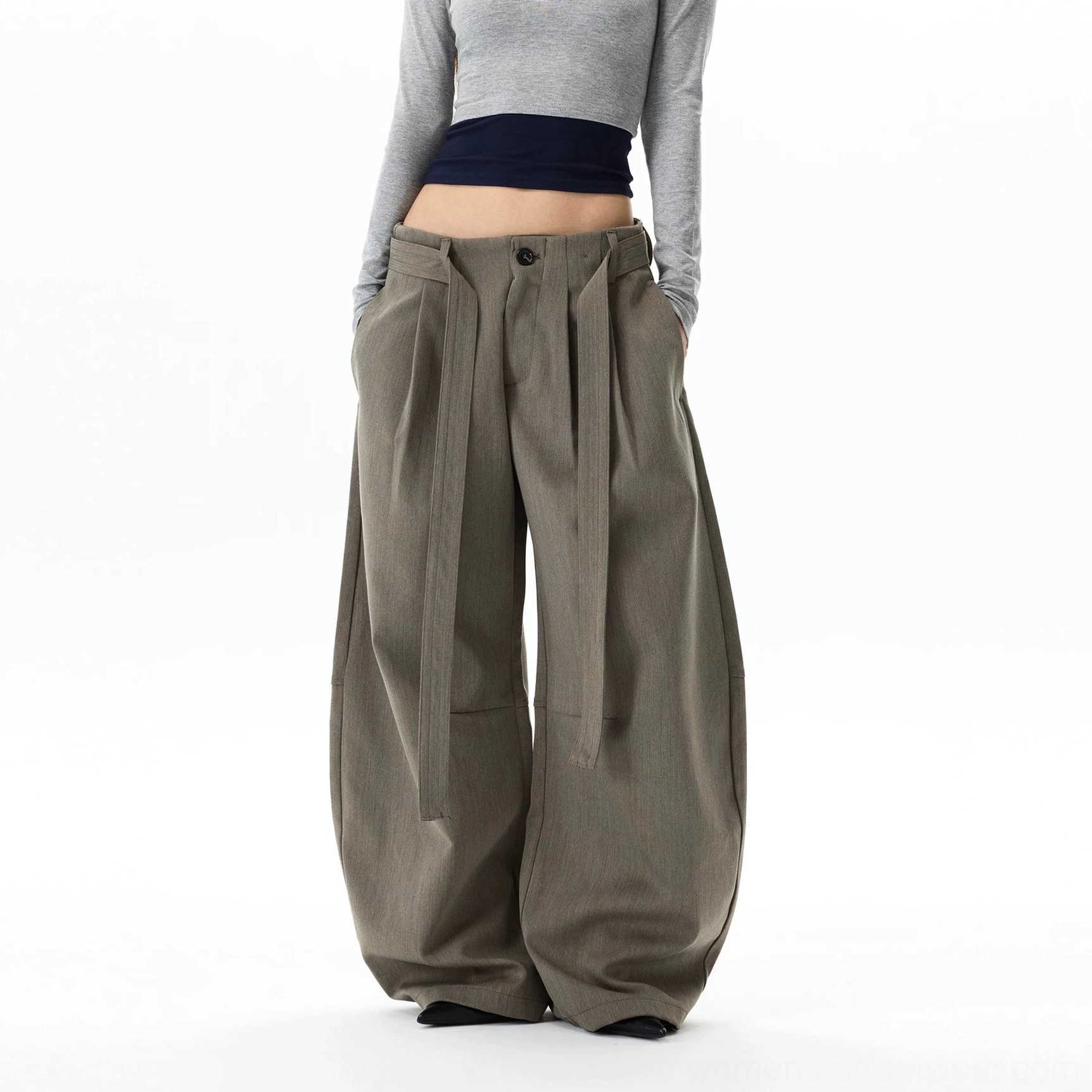 Front full-body view of gray khaki wide leg balloon trousers with multiple waist straps, flat front construction, and relaxed oversized streetwear fit