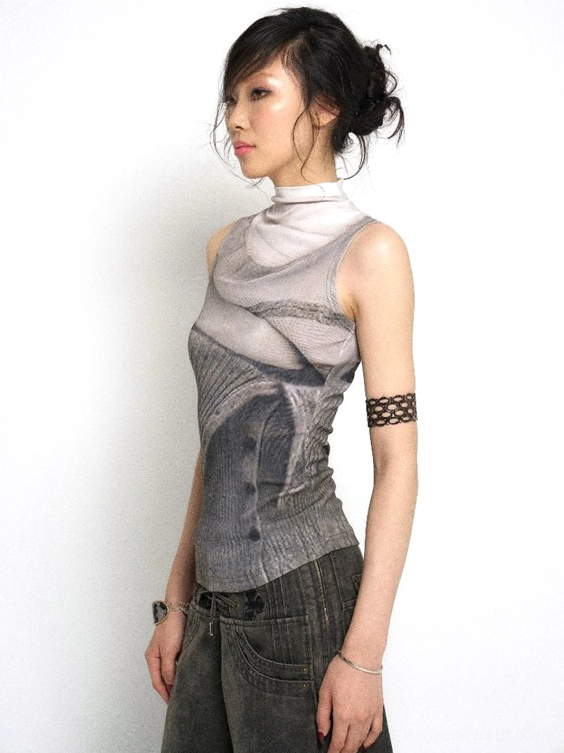 Right side view of monochrome gray layered knit mock neck streetwear tank top with sleeveless fitted silhouette