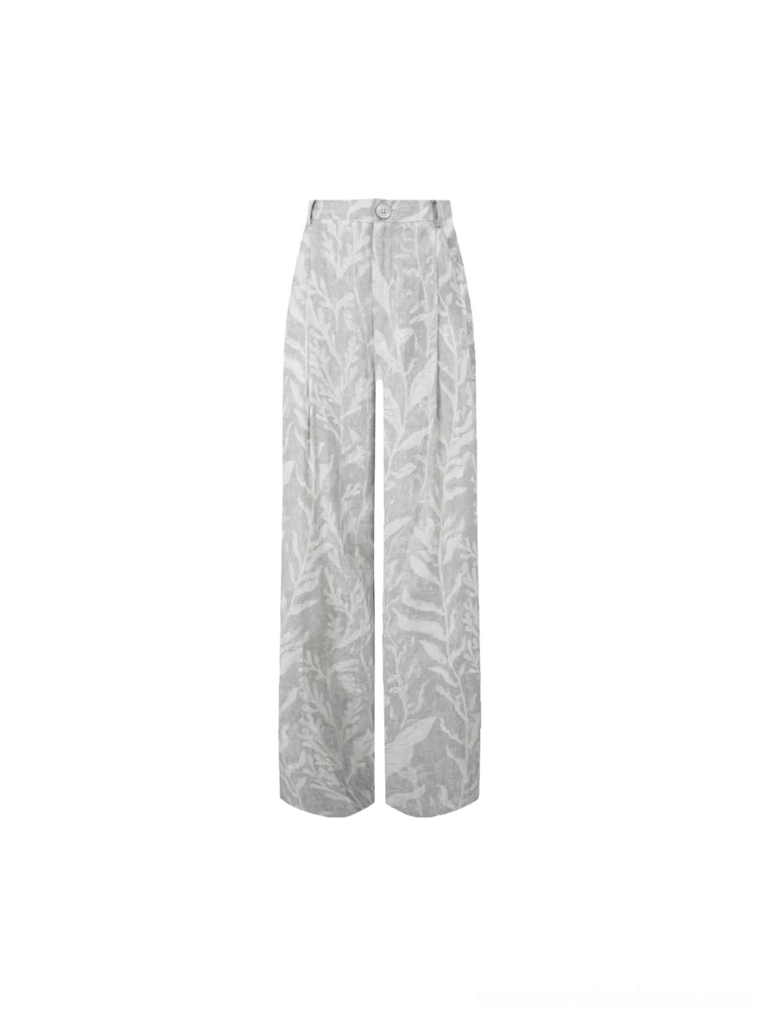 Flat lay view of gray leaf print high waisted pleated wide leg streetwear pants with flowing silhouette