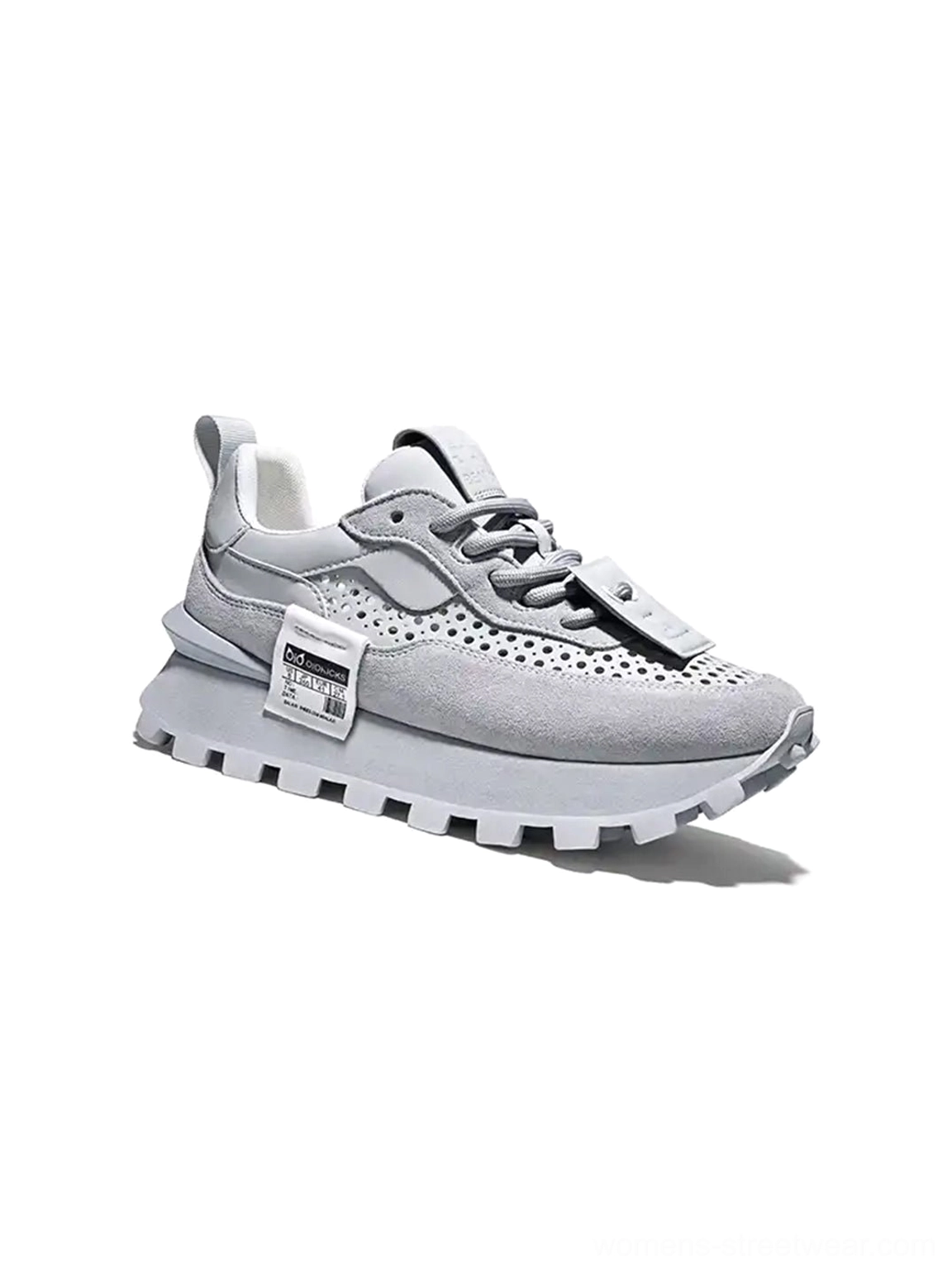 Rear three-quarter view of gray leather platform casual shoes showing the rugged outsole heel pull tab and side decoration