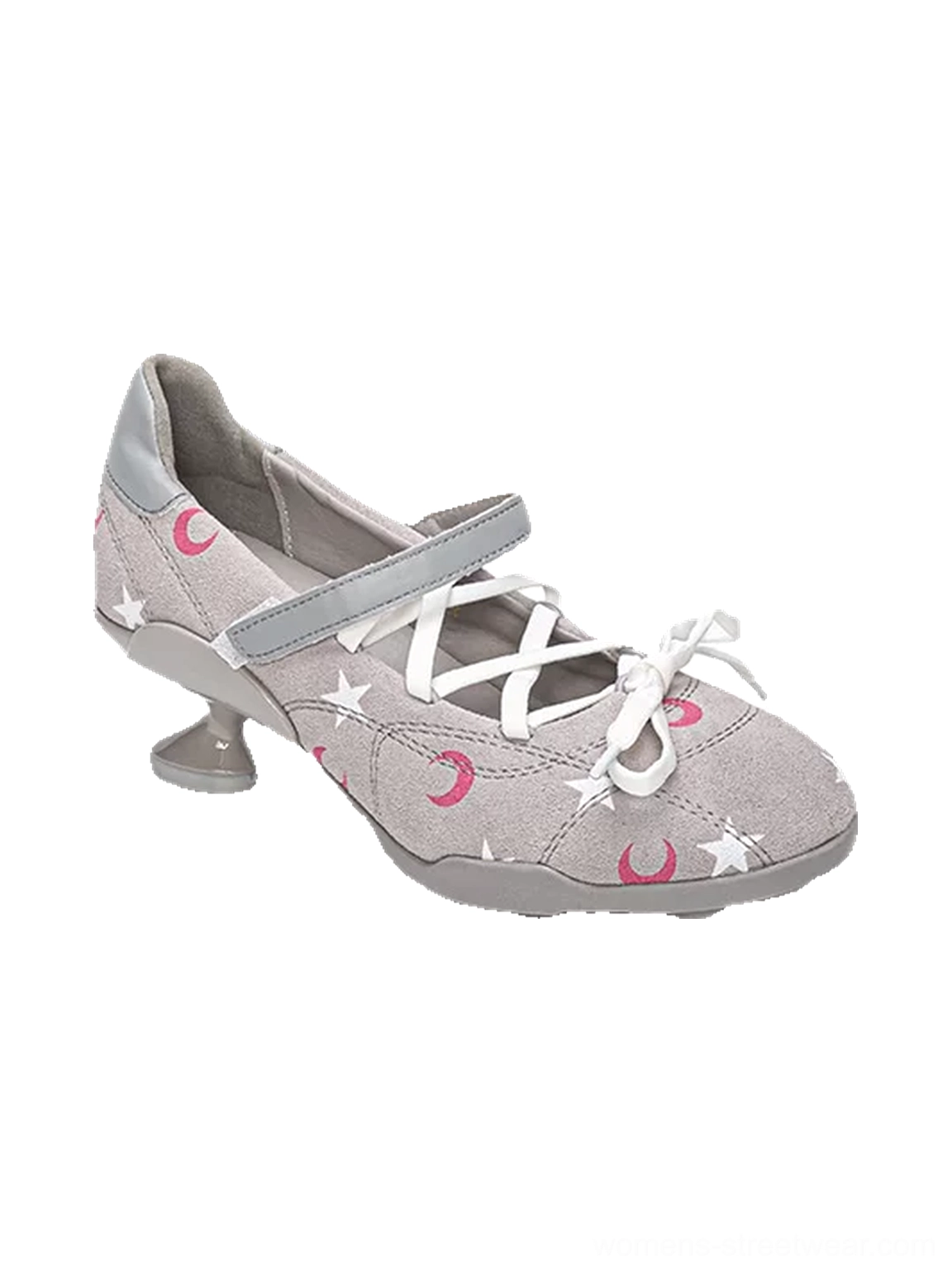 Gray moon star print lace-up low-heel sport Mary Janes three-quarter product view