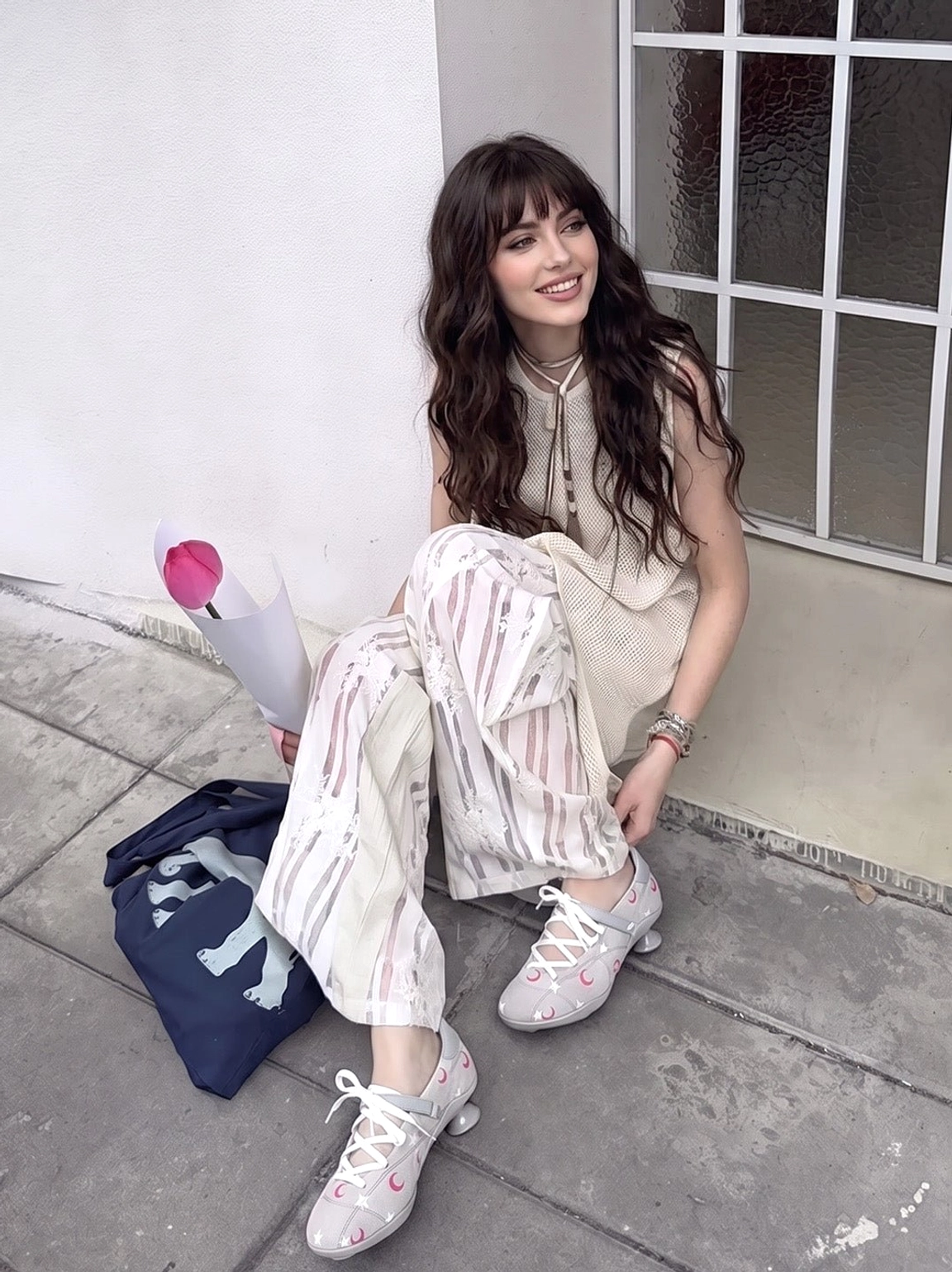 Gray moon and star print lace-up sport Mary Janes worn for a feminine Korean streetwear outfit