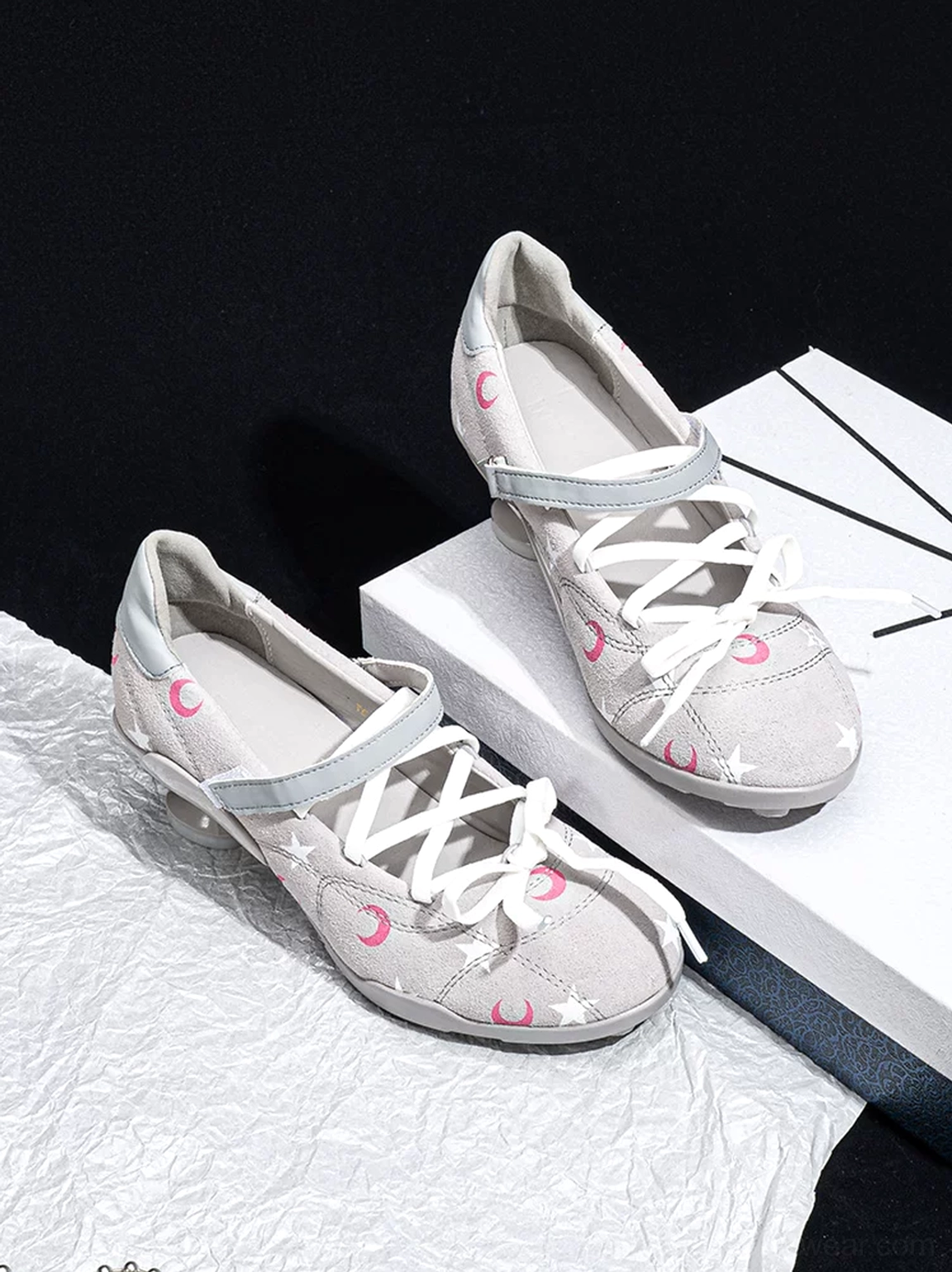 Gray moon star print sport Mary Janes with white laces and adjustable blue instep strap