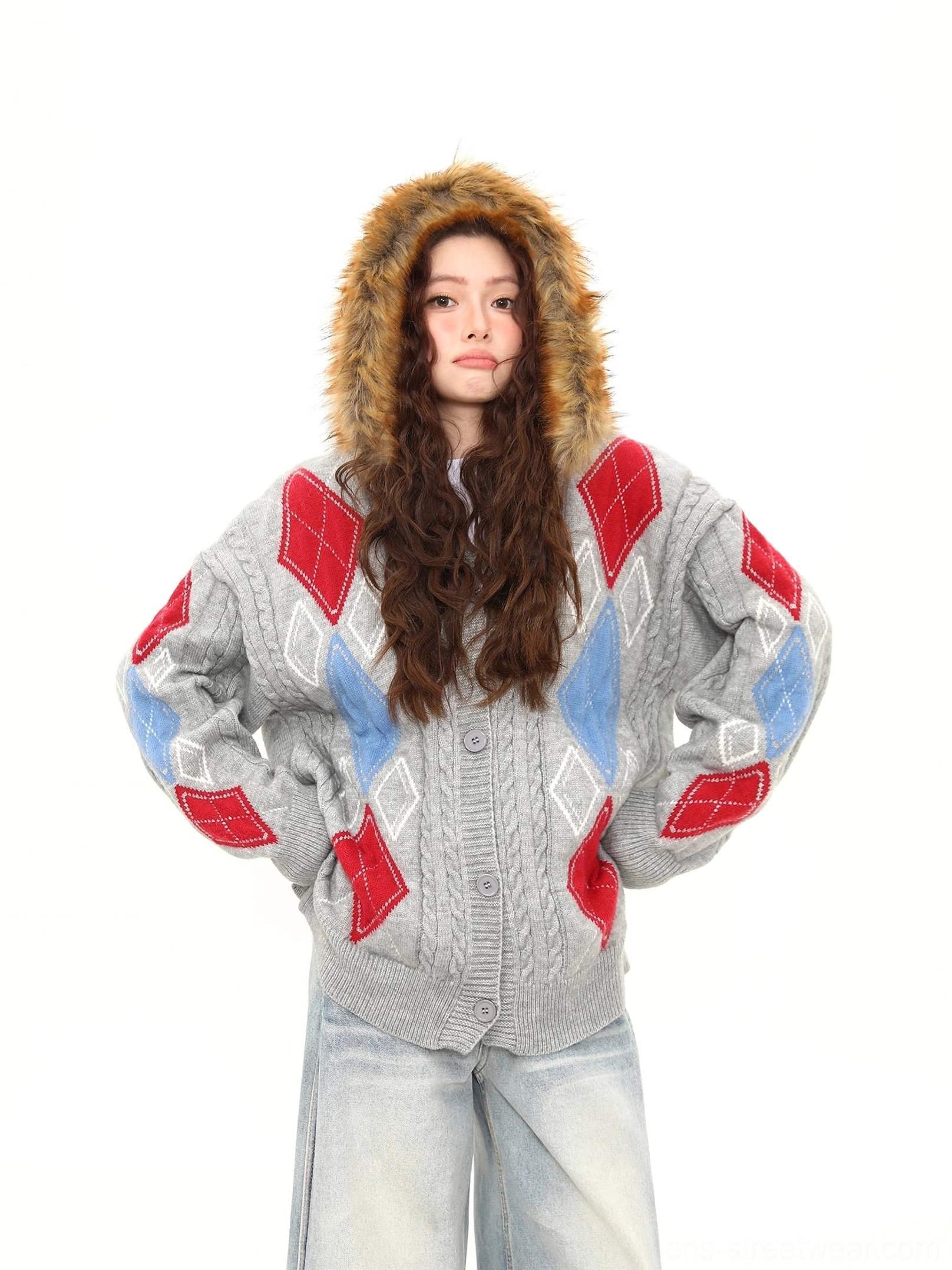 Gray oversized argyle cable knit cardigan front view with classic red and blue diamond jacquard pattern