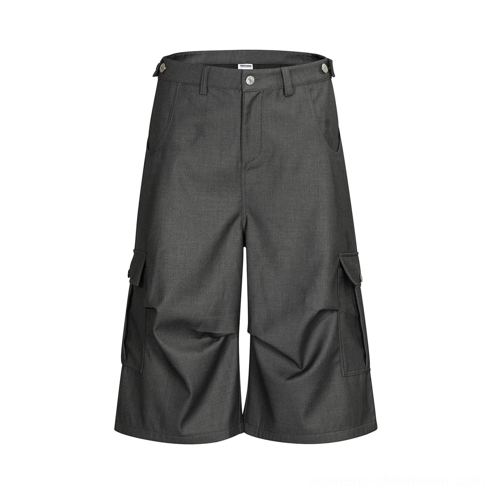 Gray oversized cargo culotte shorts with a relaxed wide-leg cut, mid-rise waistband, and practical side flap pockets