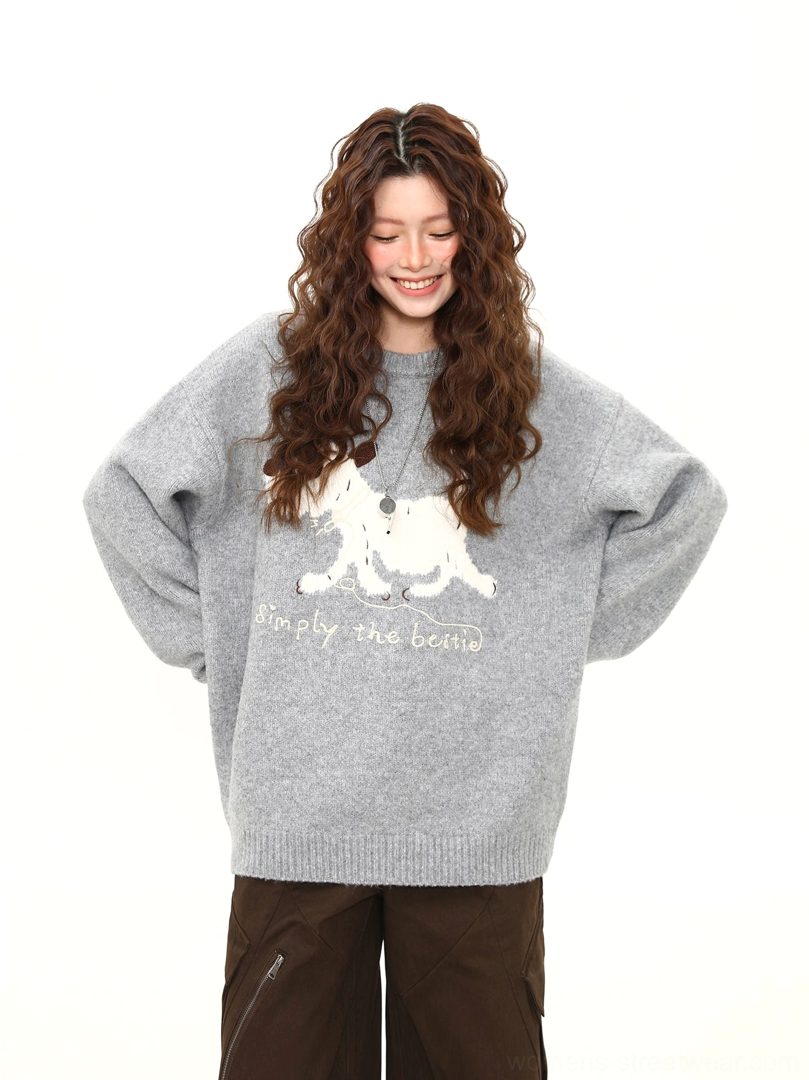 Gray oversized crewneck puppy sweater with fluffy dog graphic and playful bestie slogan front view