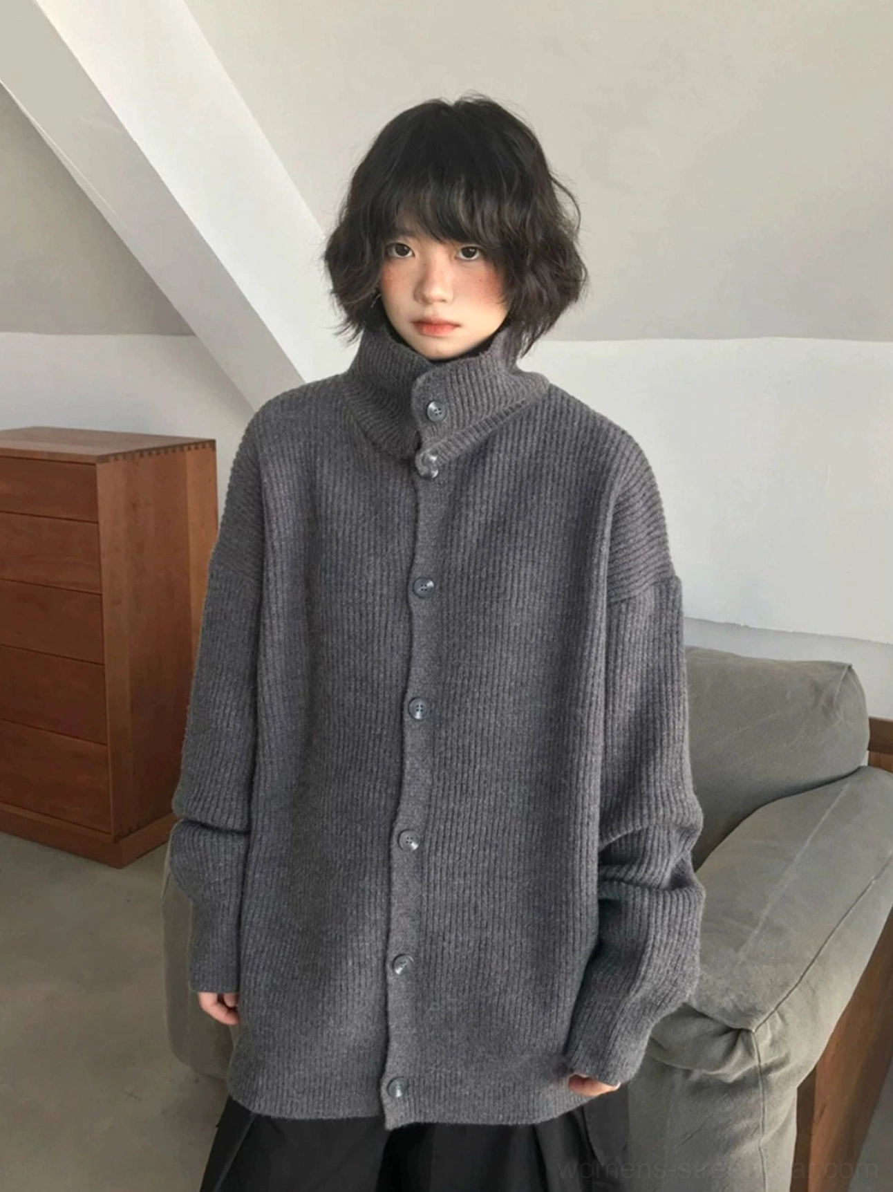 Gray oversized ribbed knit cardigan sweater with relaxed proportions for contemporary Korean streetwear layering