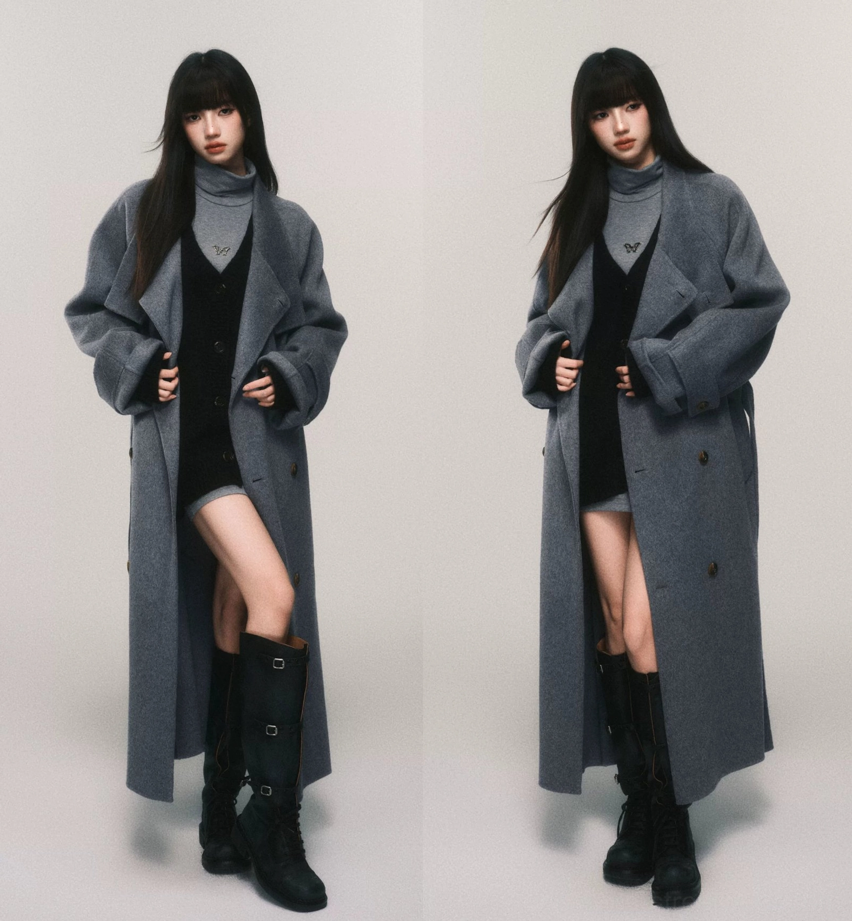 Two models wearing oversized heather gray double-breasted wool maxi trench coats in Korean streetwear styling