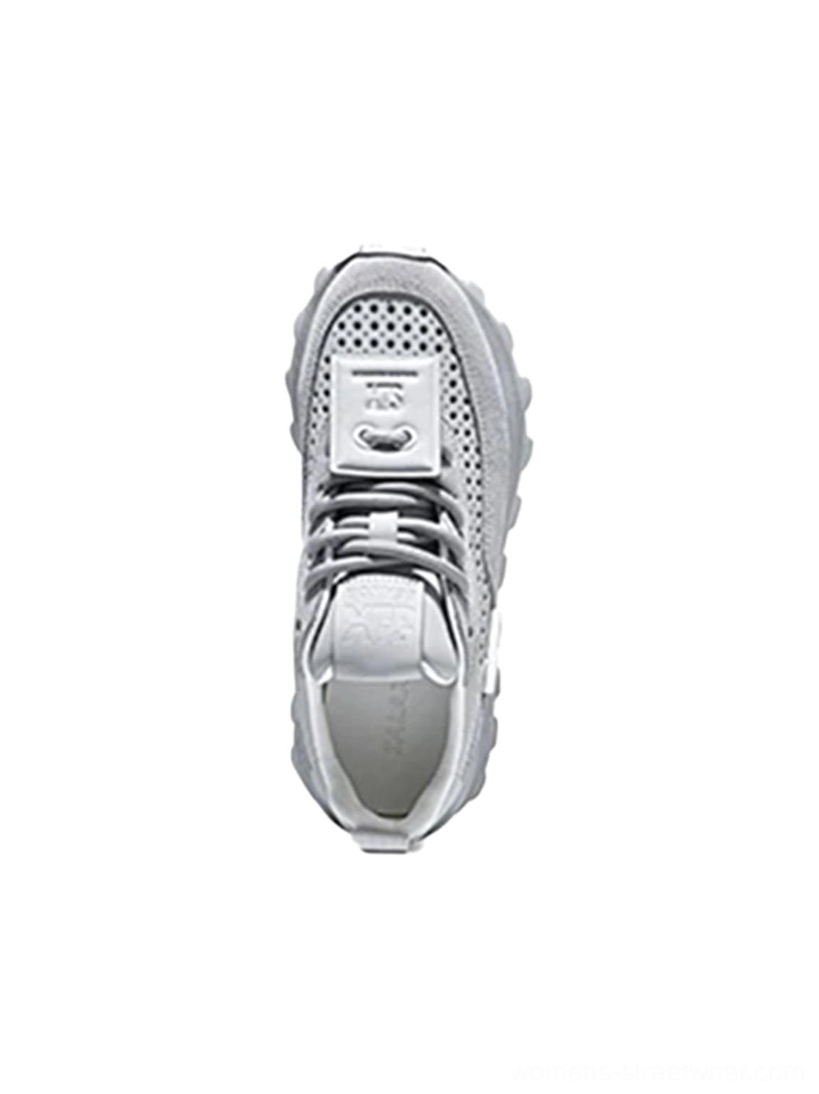 Top view of gray perforated leather platform shoes showing the perforated toe box lace-up closure tongue buckle and heel tab