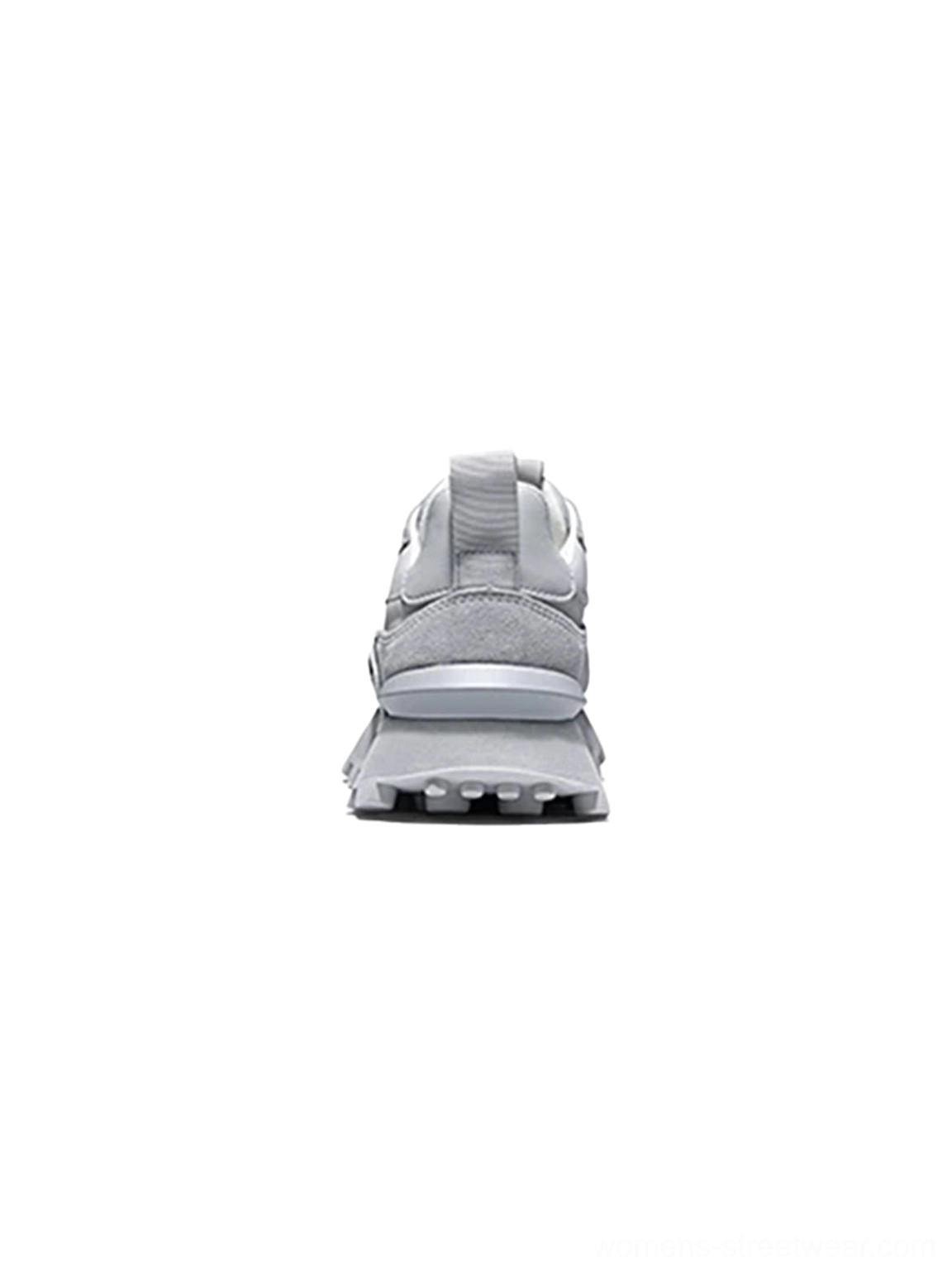 Direct rear view of gray perforated platform shoes displaying the padded collar structured heel and thick casual shoe sole