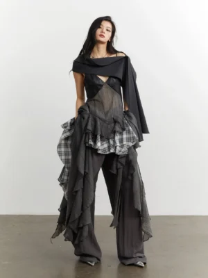 Gray plaid ruffle sheer mesh deconstructed camisole top styled in a full front studio look with asymmetric layered hem