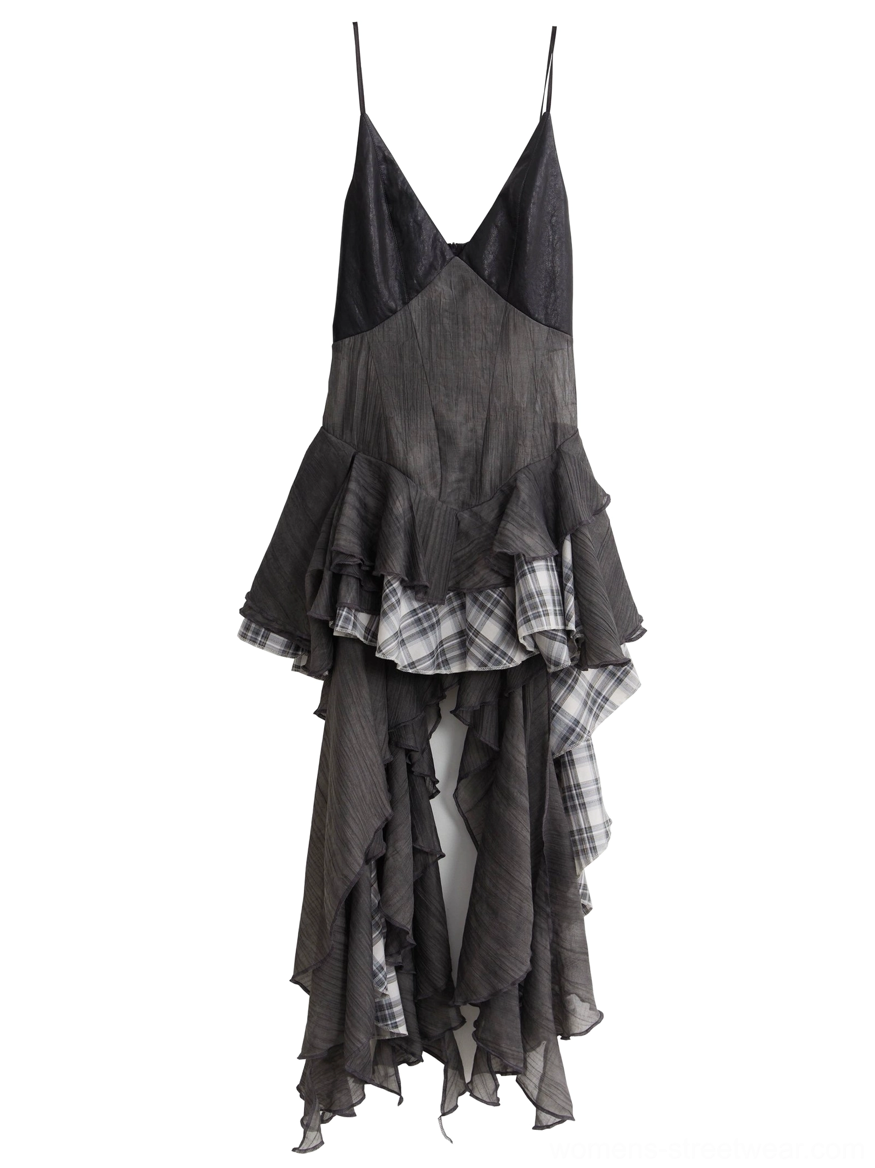 Gray sheer mesh deconstructed camisole top on white background with spaghetti straps deep V neckline and layered plaid ruffle hem