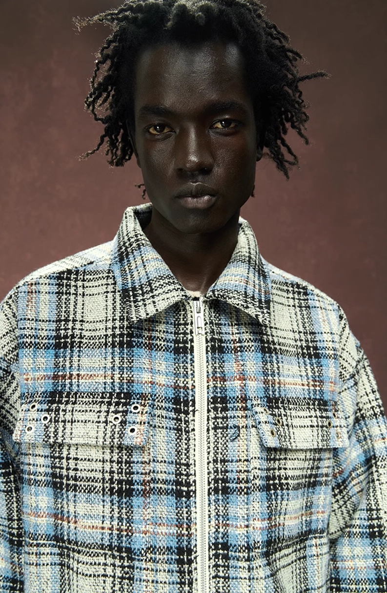 Close front view of gray plaid shirt jacket showing classic shirt collar, front zipper, and button-flap chest pockets