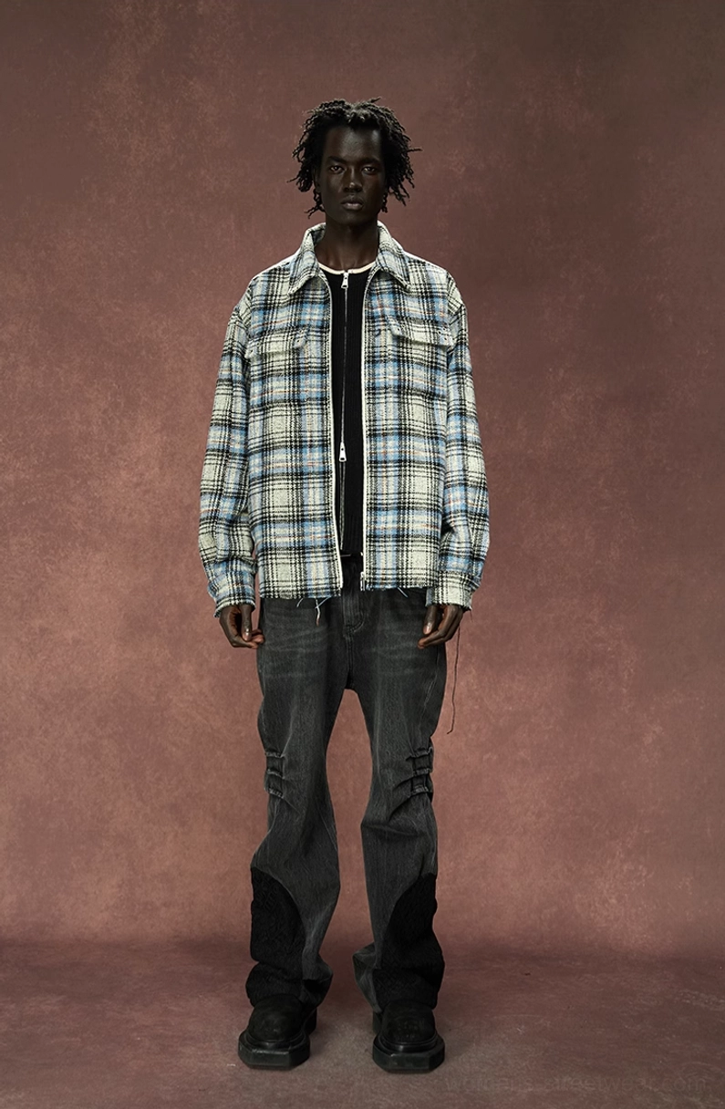 Gray plaid streetwear shirt jacket with oversized fit and versatile layered styling shown in an additional fashion view