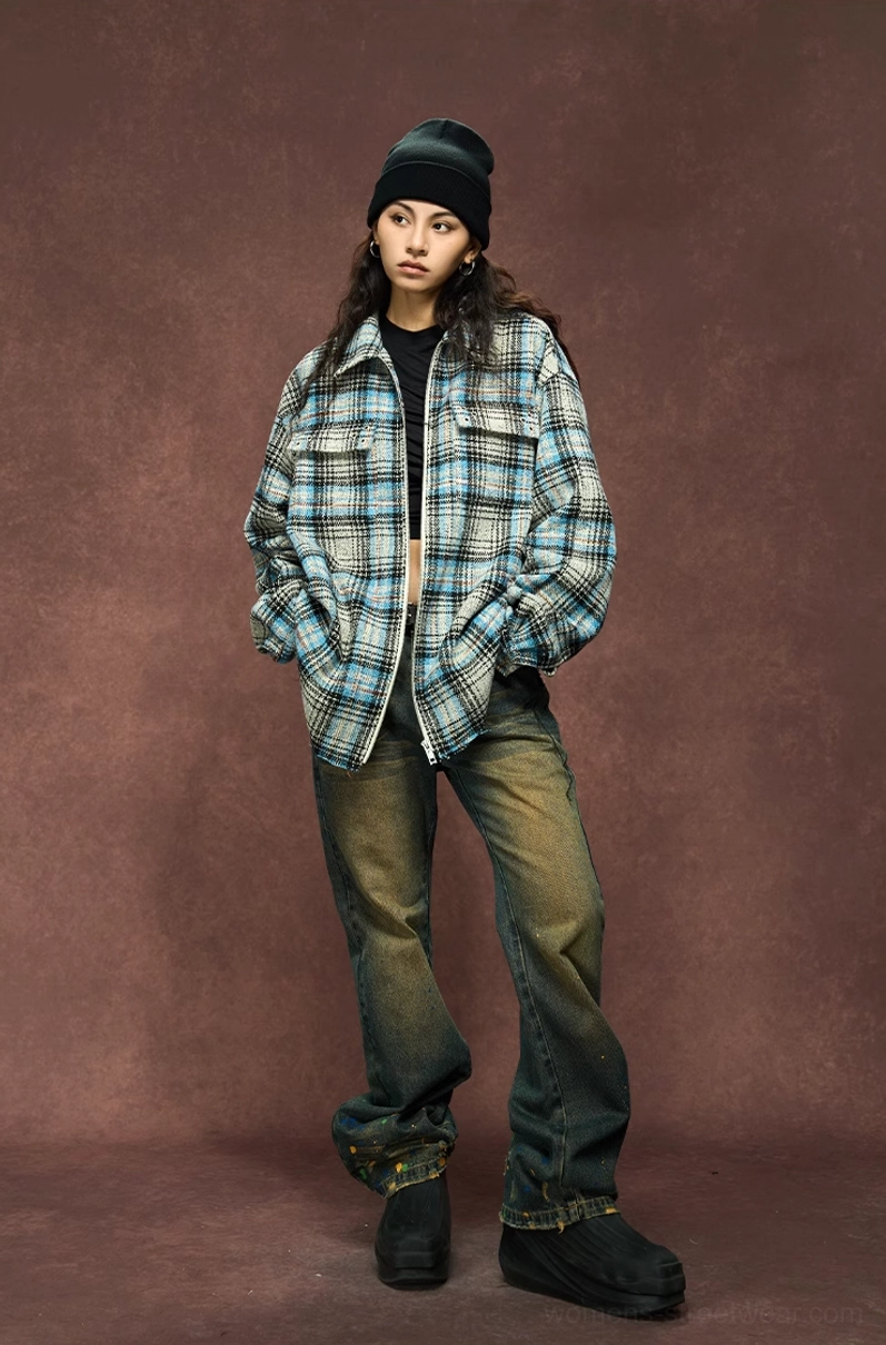 Detailed product image of gray plaid zip-up overshirt jacket with tartan texture and utility-inspired design
