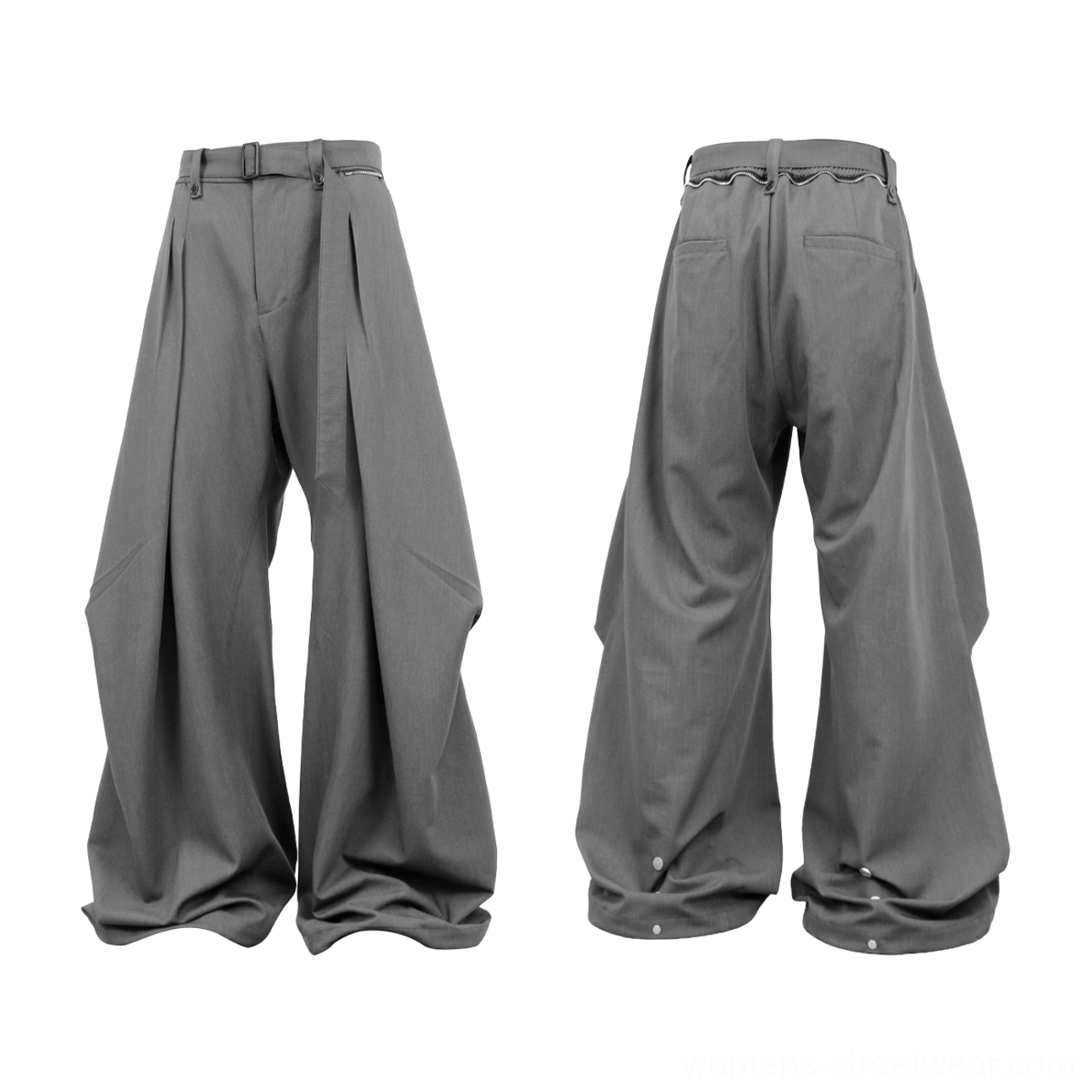 Gray pleated balloon wide-leg streetwear pants product image showing the oversized tailored silhouette, high waist, flowing drape, adjustable belt, and detachable geometric chain
