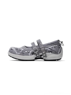 Gray punk Mary Jane strap sneakers with graffiti and chain print upper shown in a side product view on a white background