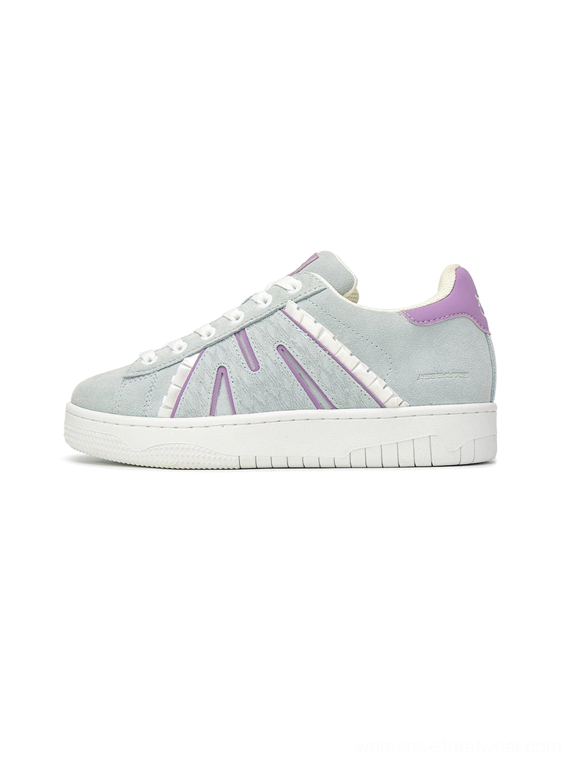 Light gray suede platform skate sneakers with purple side stripes, purple heel tab, and white rubber sole