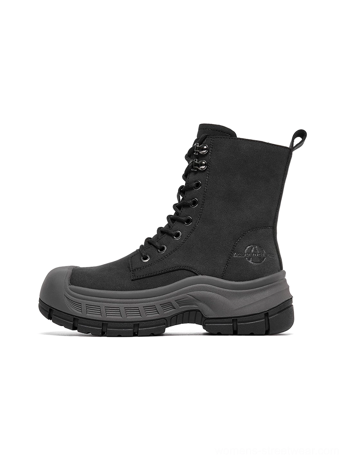 Gray reinforced toe platform combat boots with tall lace-up shaft and black platform sole