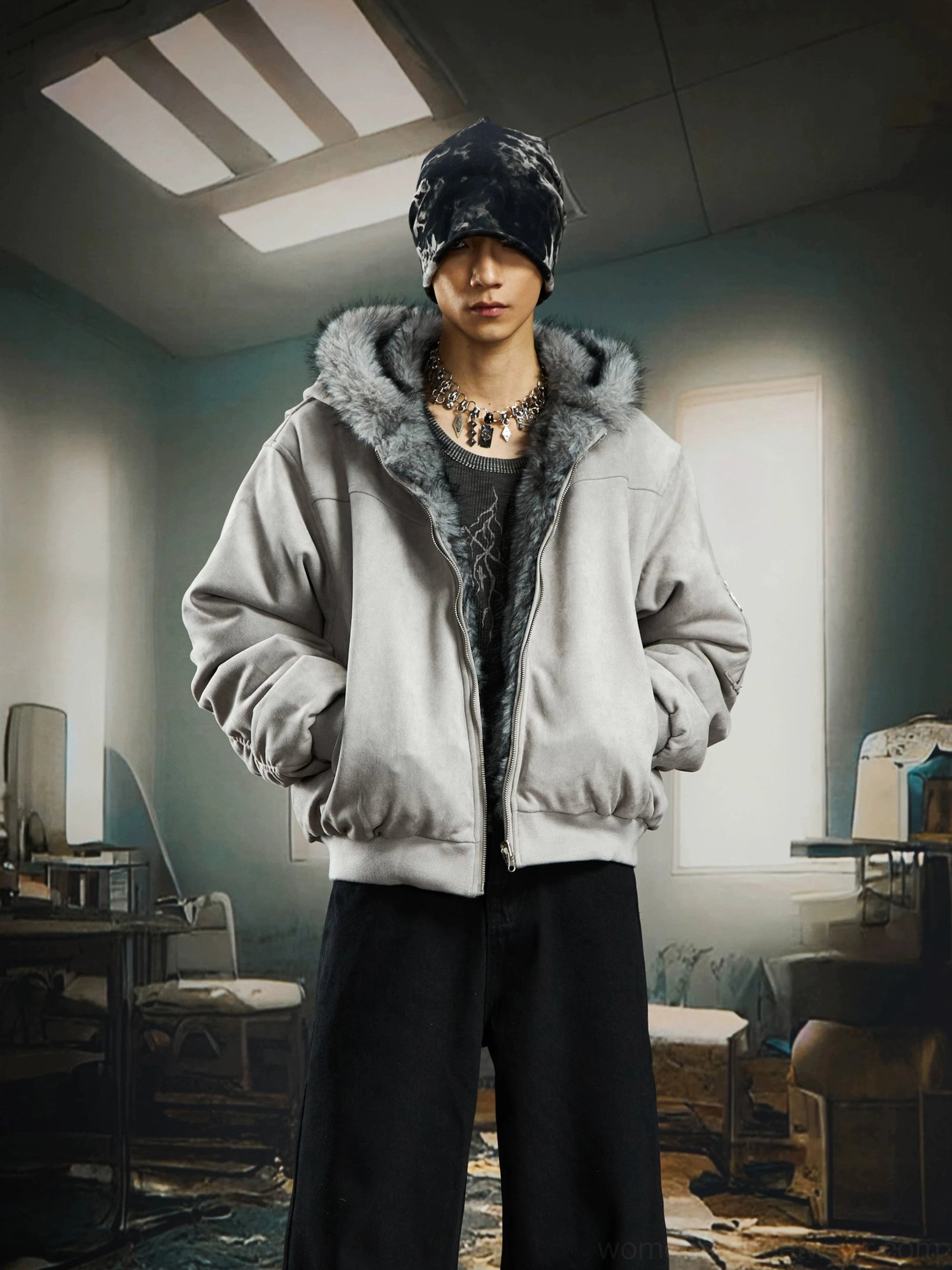 Gray reversible faux fur hooded bomber jacket color option with oversized unisex streetwear fit