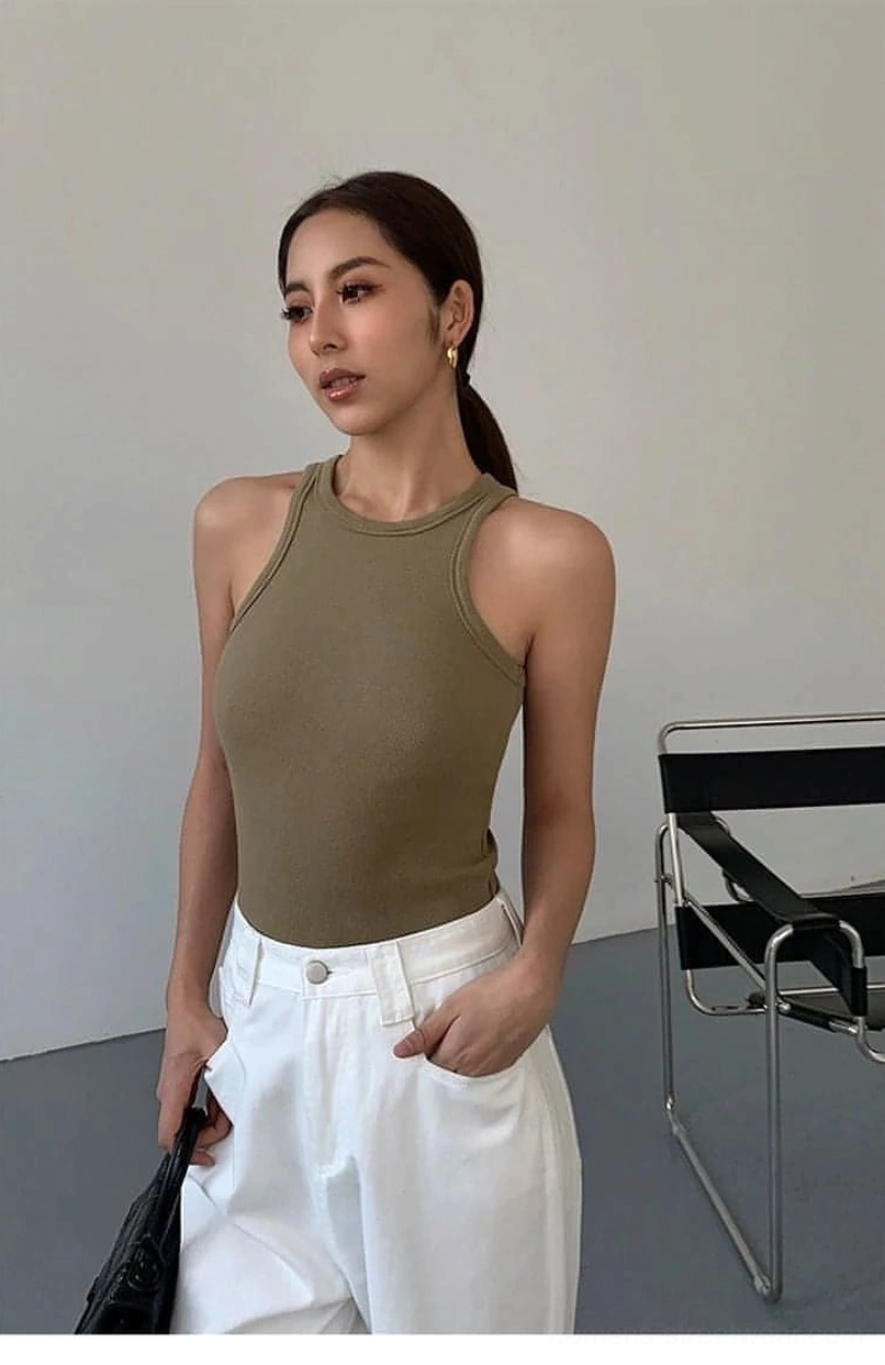 Gray ribbed knit tank top product overview showing construction from multiple angles
