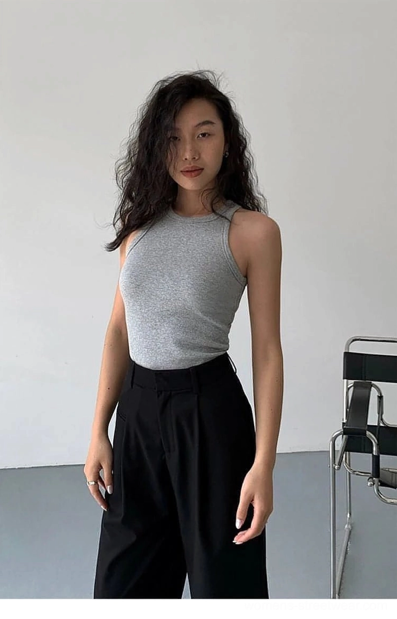 Gray ribbed knit tank top showing color depth and quality of neutral tone in natural lighting