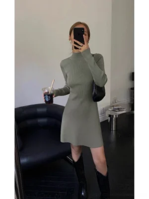 Gray sage green ribbed turtleneck fit and flare mini sweater dress front mirror outfit with knee high boots