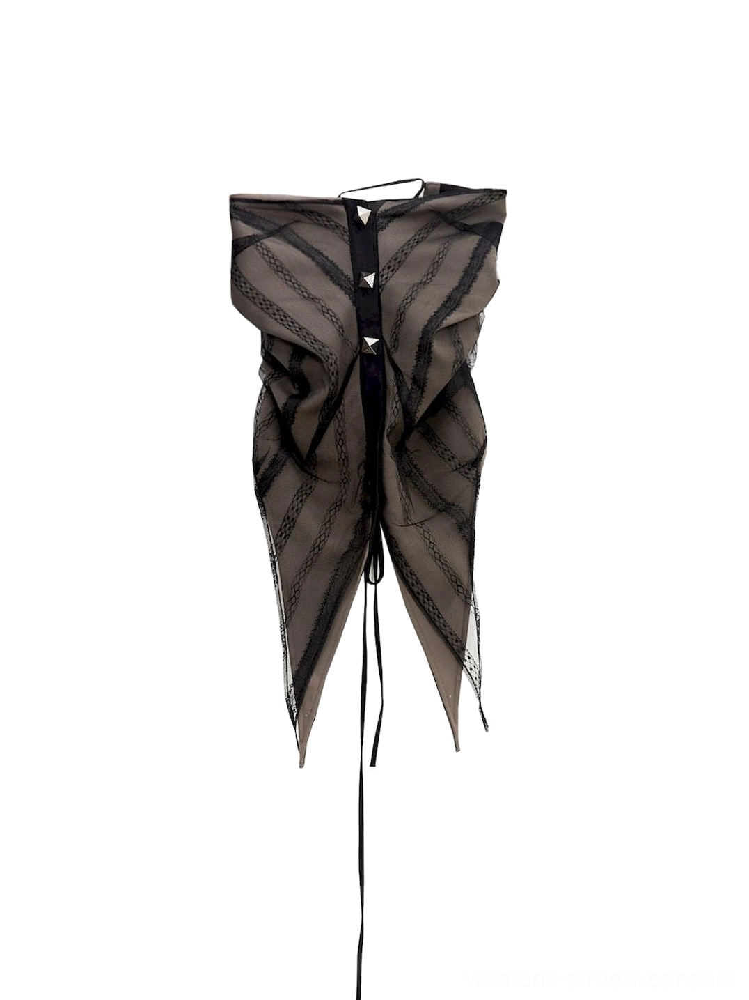 Gray sheer asymmetric studded tube top product view with ruched side shaping and pointed split hem