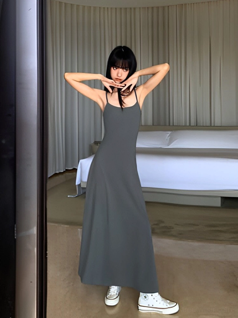 Gray spaghetti strap maxi slip dress product image showing the soft neutral color option