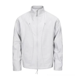 Light gray stand-collar softshell zip jacket shown from the front with a full-length two-way zipper, geometric seam panels, concealed pockets, and adjustable drawcord hem