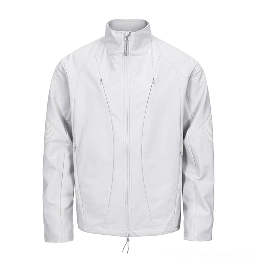 Light gray stand-collar softshell zip jacket shown from the front with a full-length two-way zipper, geometric seam panels, concealed pockets, and adjustable drawcord hem