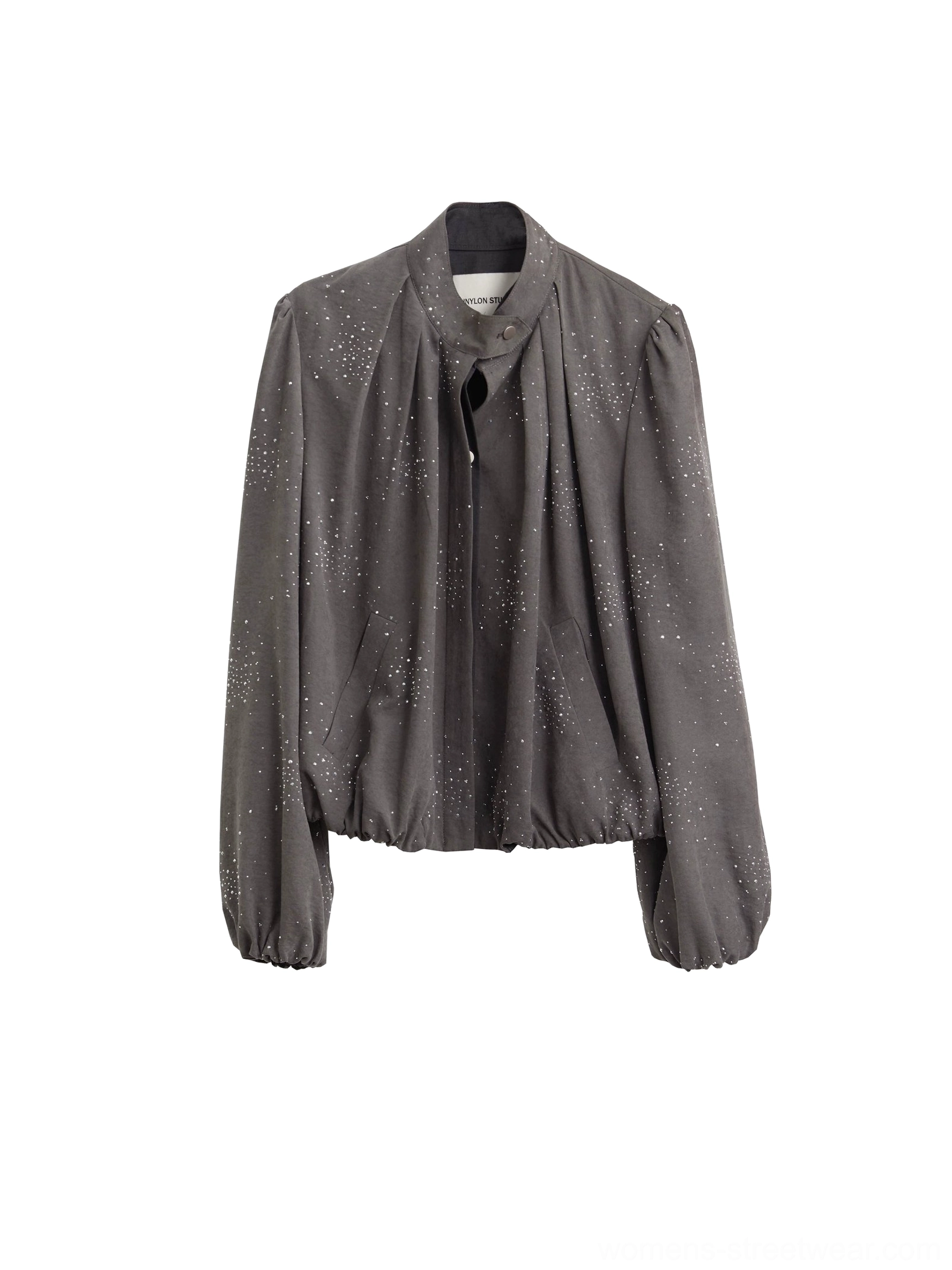 Flat lay of gray stardust cropped balloon sleeve jacket with stand collar hidden front closure elasticated hem and shimmering speckles